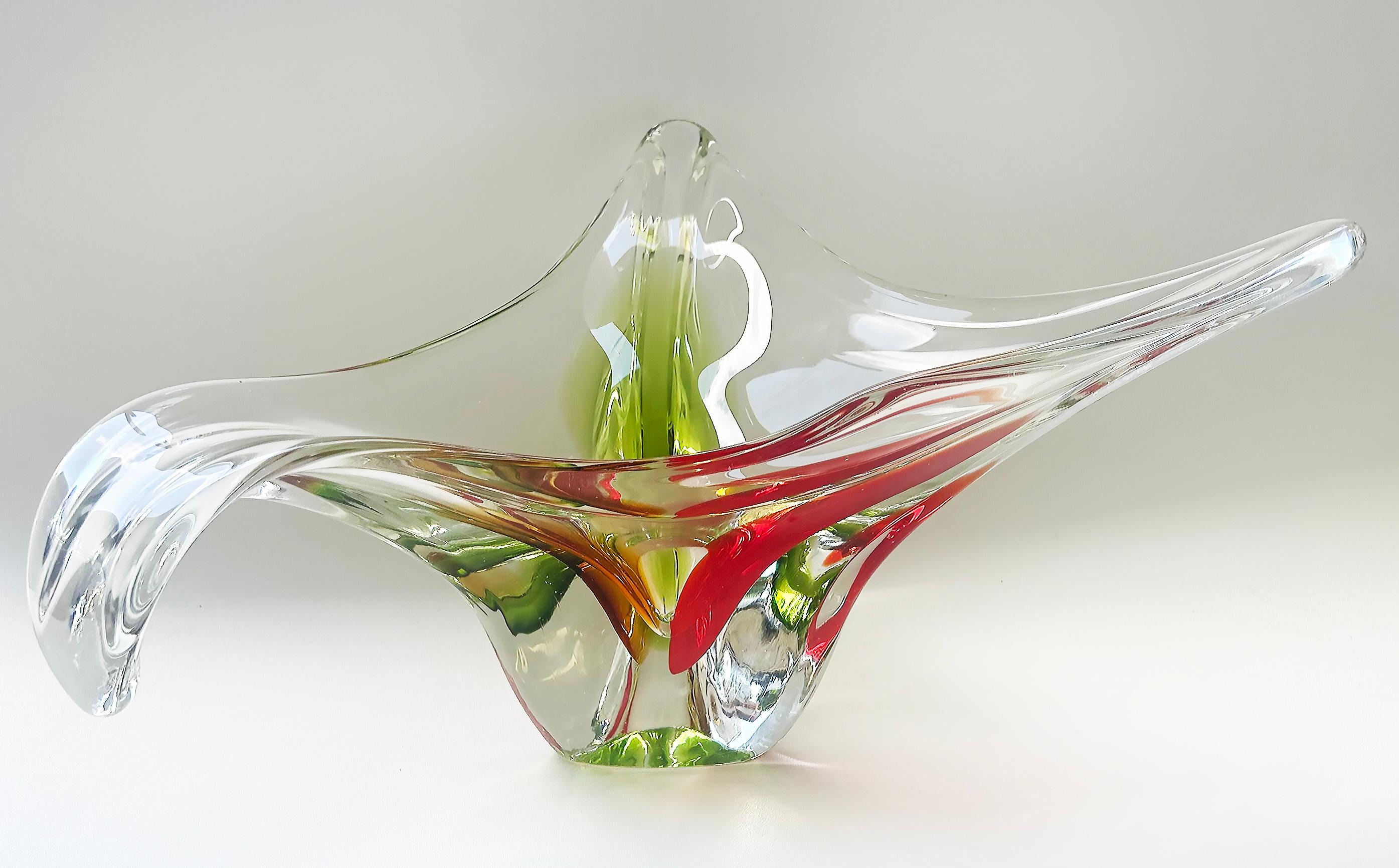 Italian Large Murano Centerpiece Freeform Bowl with Red, Green and Amber to Clear Glass For Sale