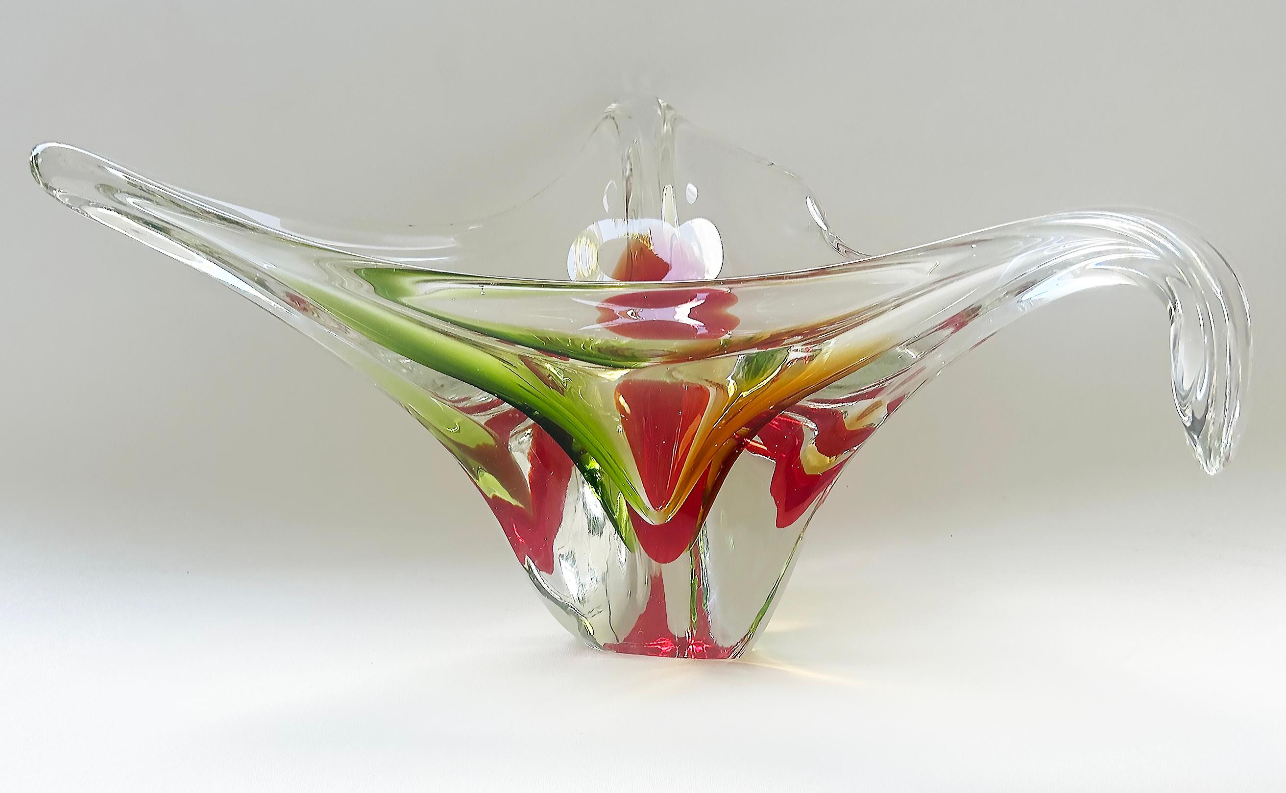 20th Century Large Murano Centerpiece Freeform Bowl with Red, Green and Amber to Clear Glass For Sale
