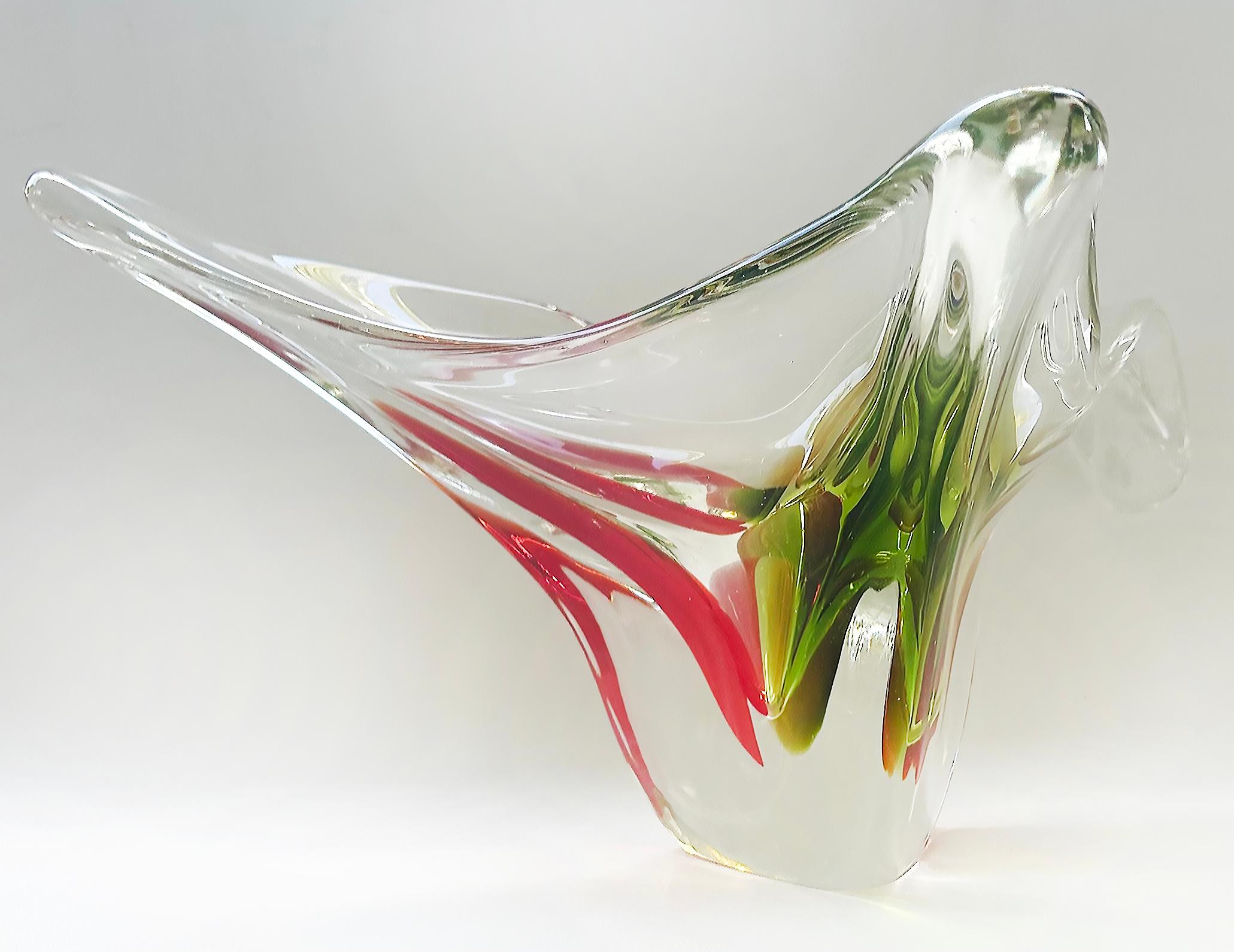 Murano Glass Large Murano Centerpiece Freeform Bowl with Red, Green and Amber to Clear Glass For Sale