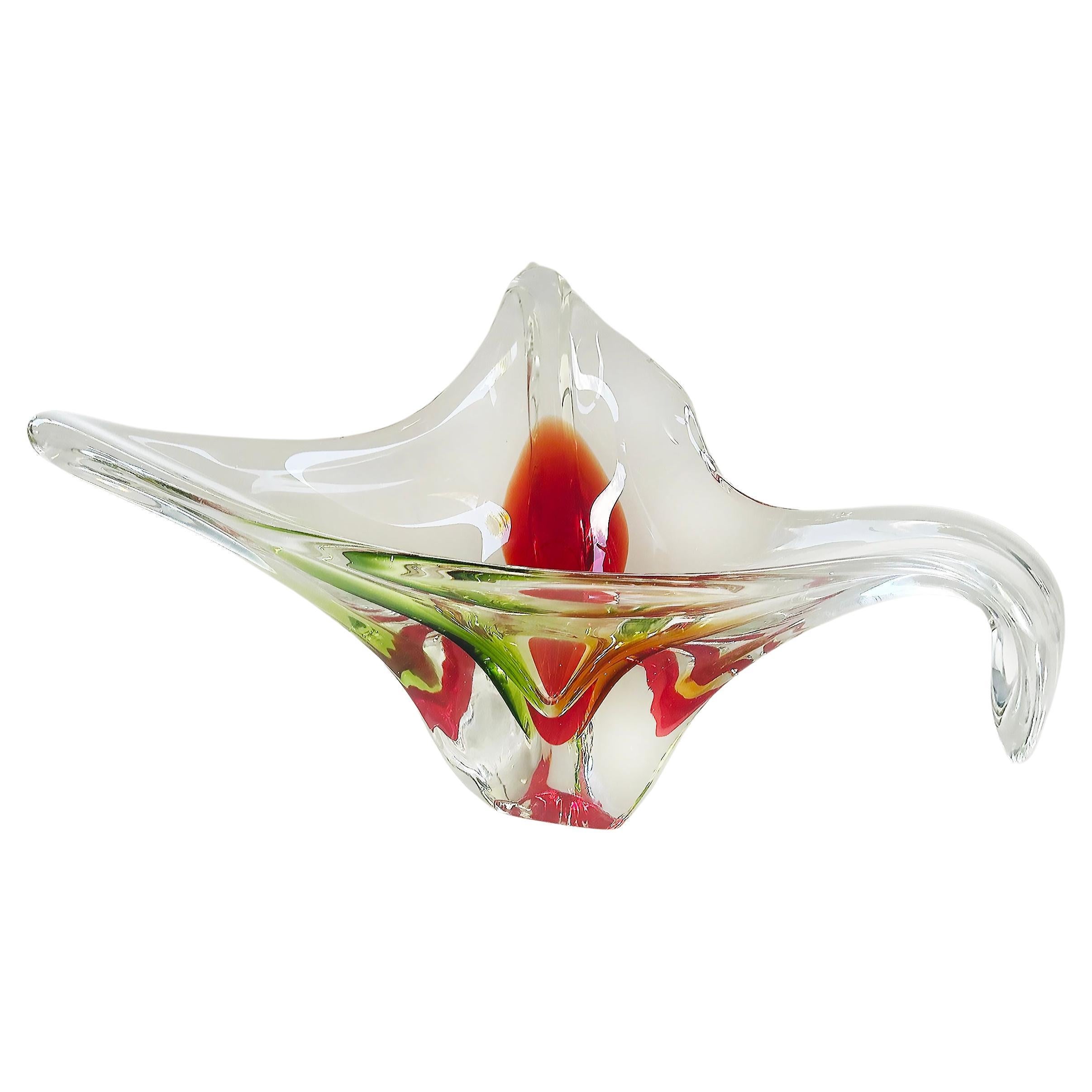Large Murano Centerpiece Freeform Bowl with Red, Green and Amber to Clear Glass For Sale