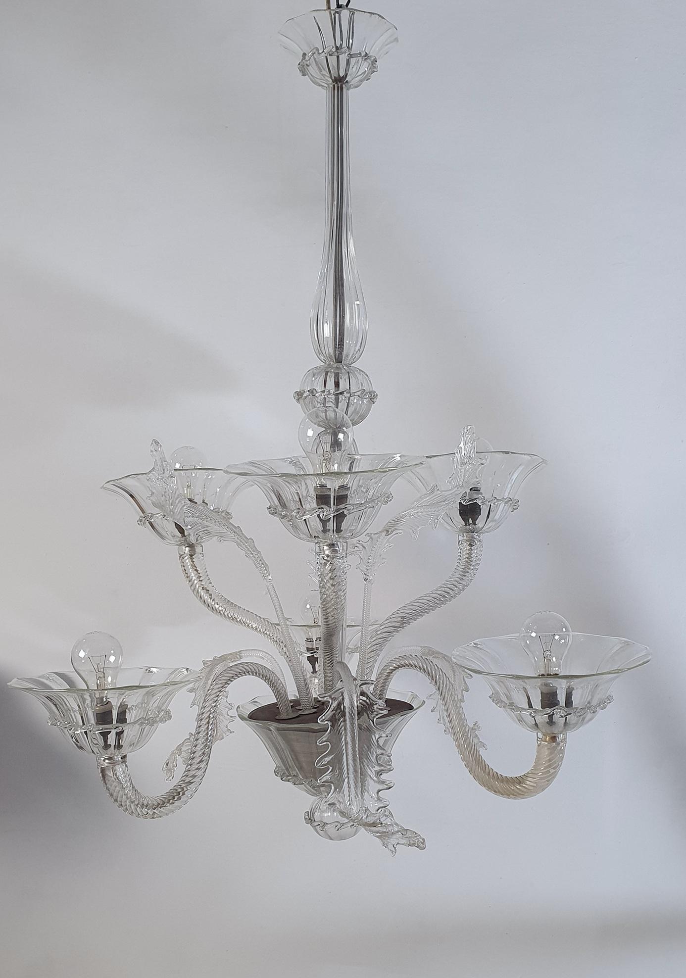 Rococo Large Murano Chandelier Clear Glass, 1940's For Sale