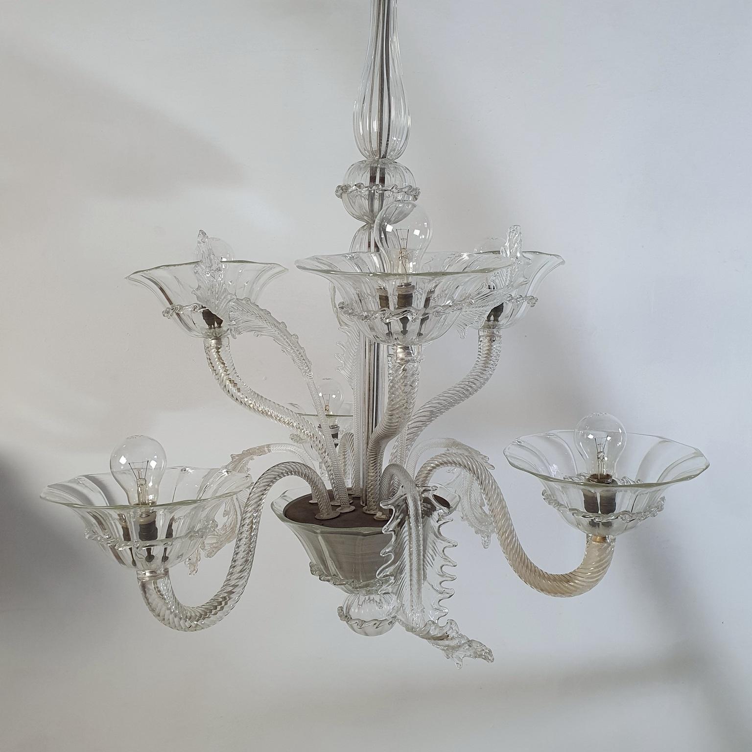 Italian Large Murano Chandelier Clear Glass, 1940's For Sale