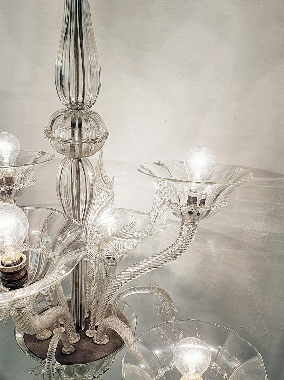 20th Century Large Murano Chandelier Clear Glass, 1940's For Sale