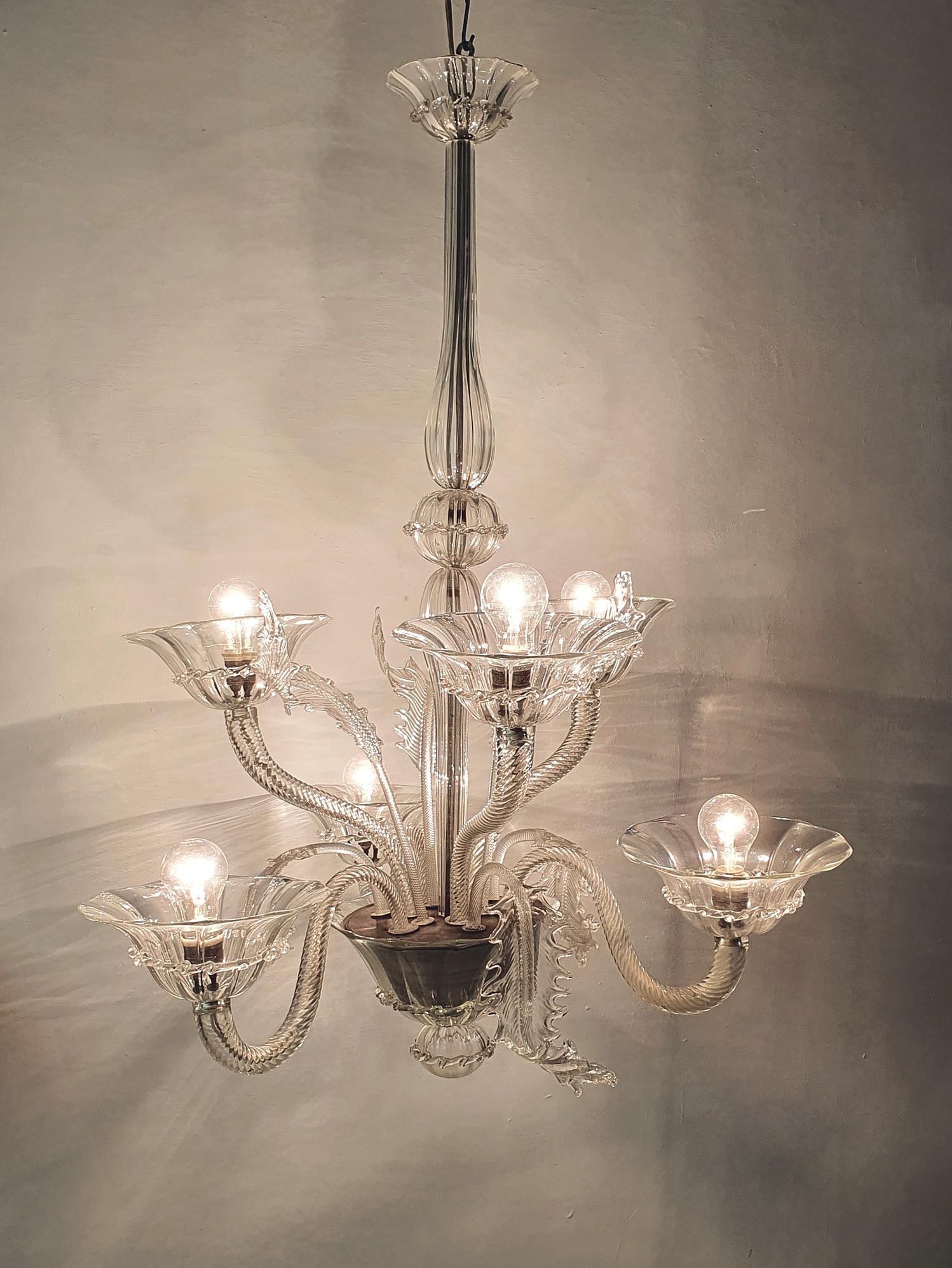 Murano Glass Large Murano Chandelier Clear Glass, 1940's For Sale
