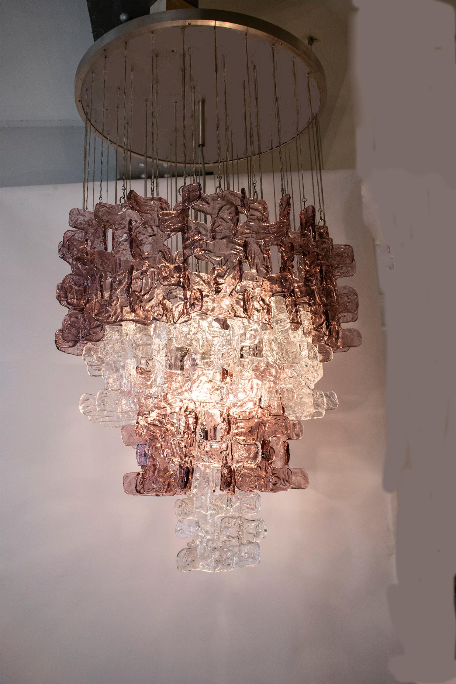 Late 20th Century Large Murano Chandelier in Clear and Pink Lilac Glass, attributed to Carlo Nason