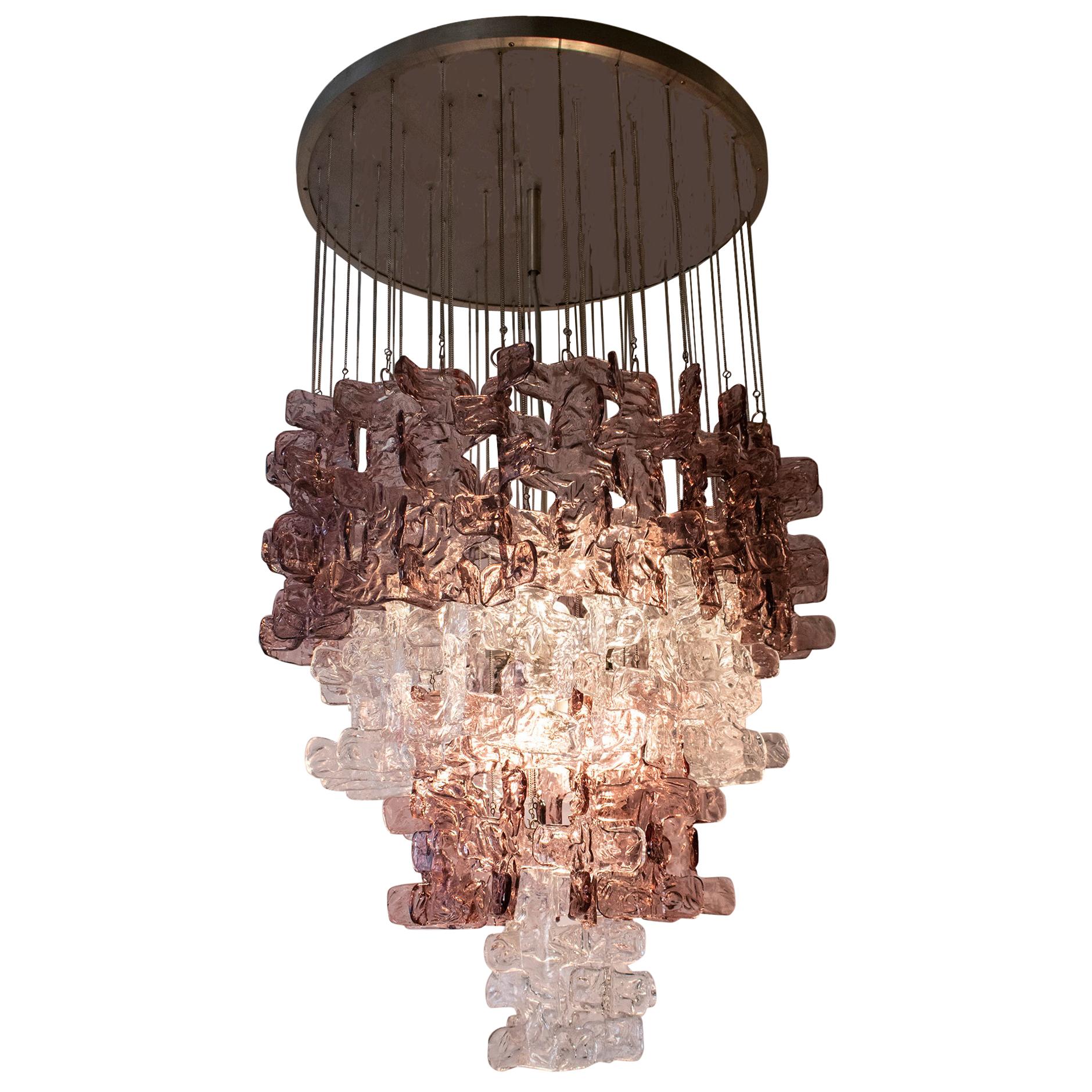 Large Murano Chandelier in Clear and Pink Lilac Glass, attributed to Carlo Nason