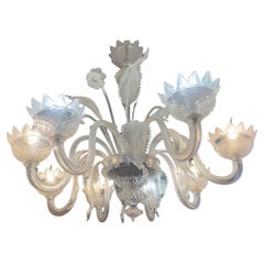 Grand lustre de Murano en verre soufflé transparent avec fleurs et feuilles