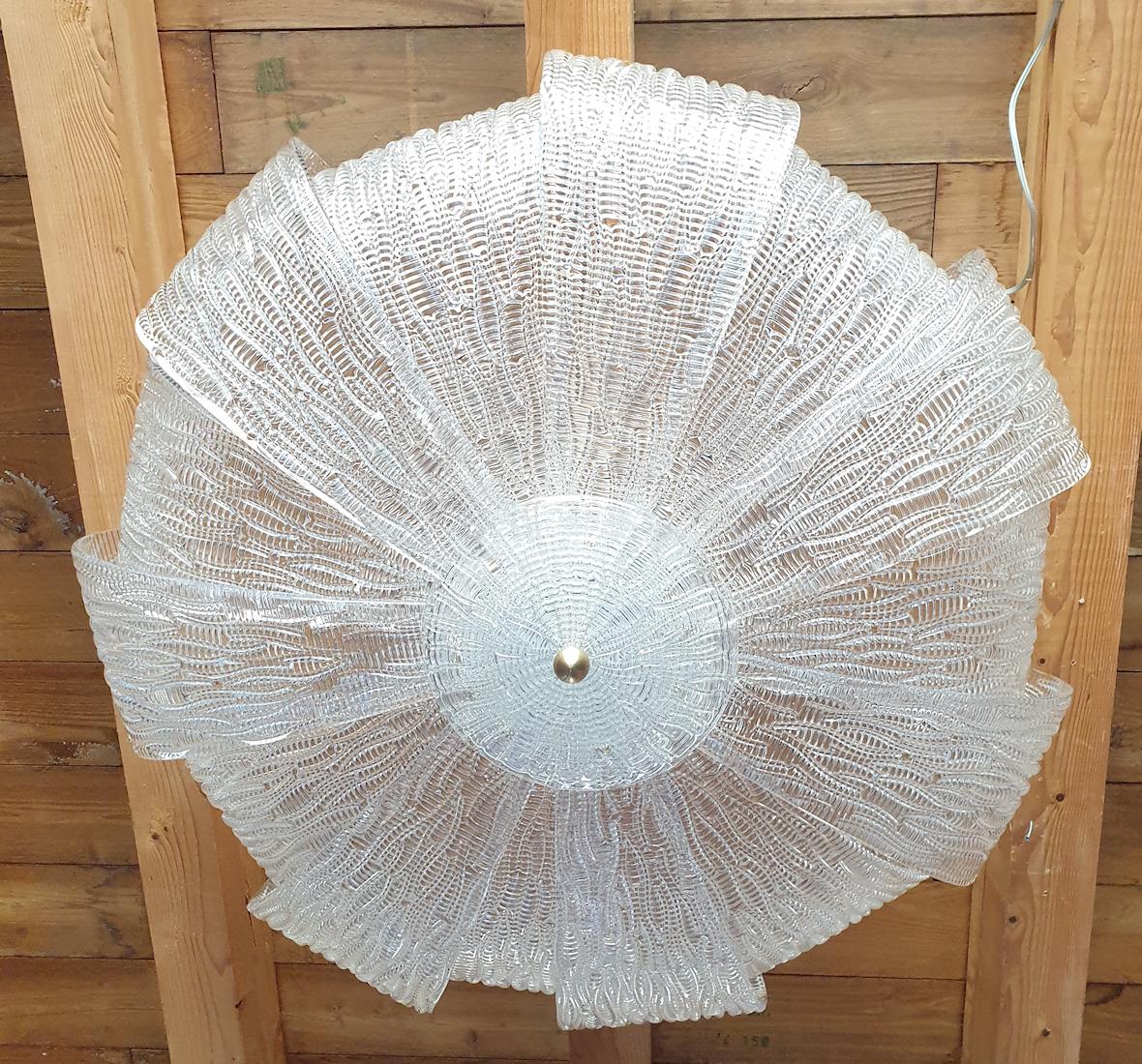 Large Murano Clear Glass Mid-Century Modern Flush Mount Light Barovier Style 70s In Excellent Condition In Dallas, TX