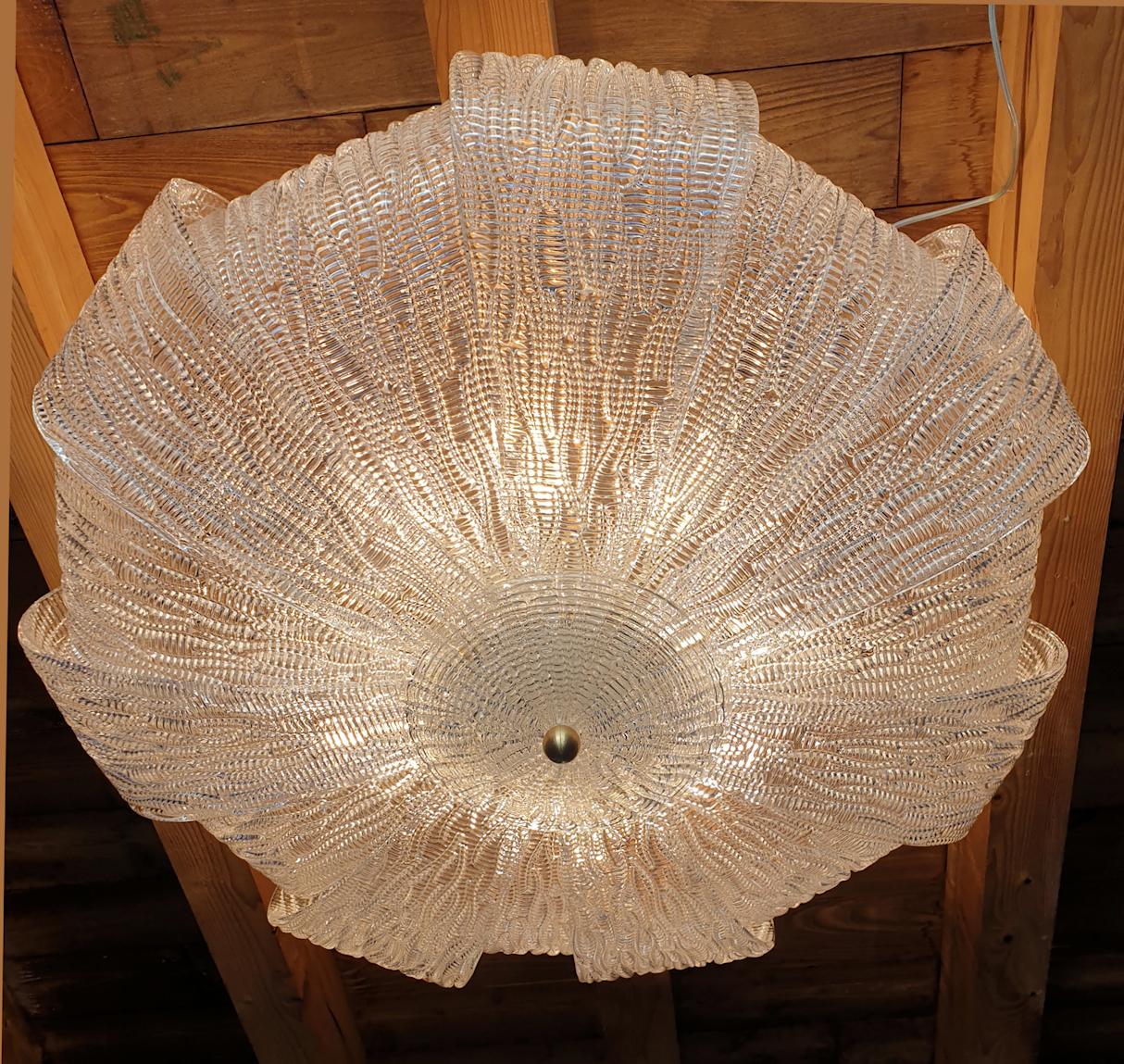 Late 20th Century Large Murano Clear Glass Mid-Century Modern Flush Mount Light Barovier Style 70s