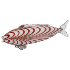 Large Murano Clear, White and Red Glass Fish, Italy, circa 1970