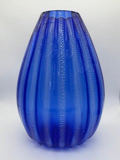 Large Murano Cobalt Blue Ribbed Vase with Silver Leaf Detailing