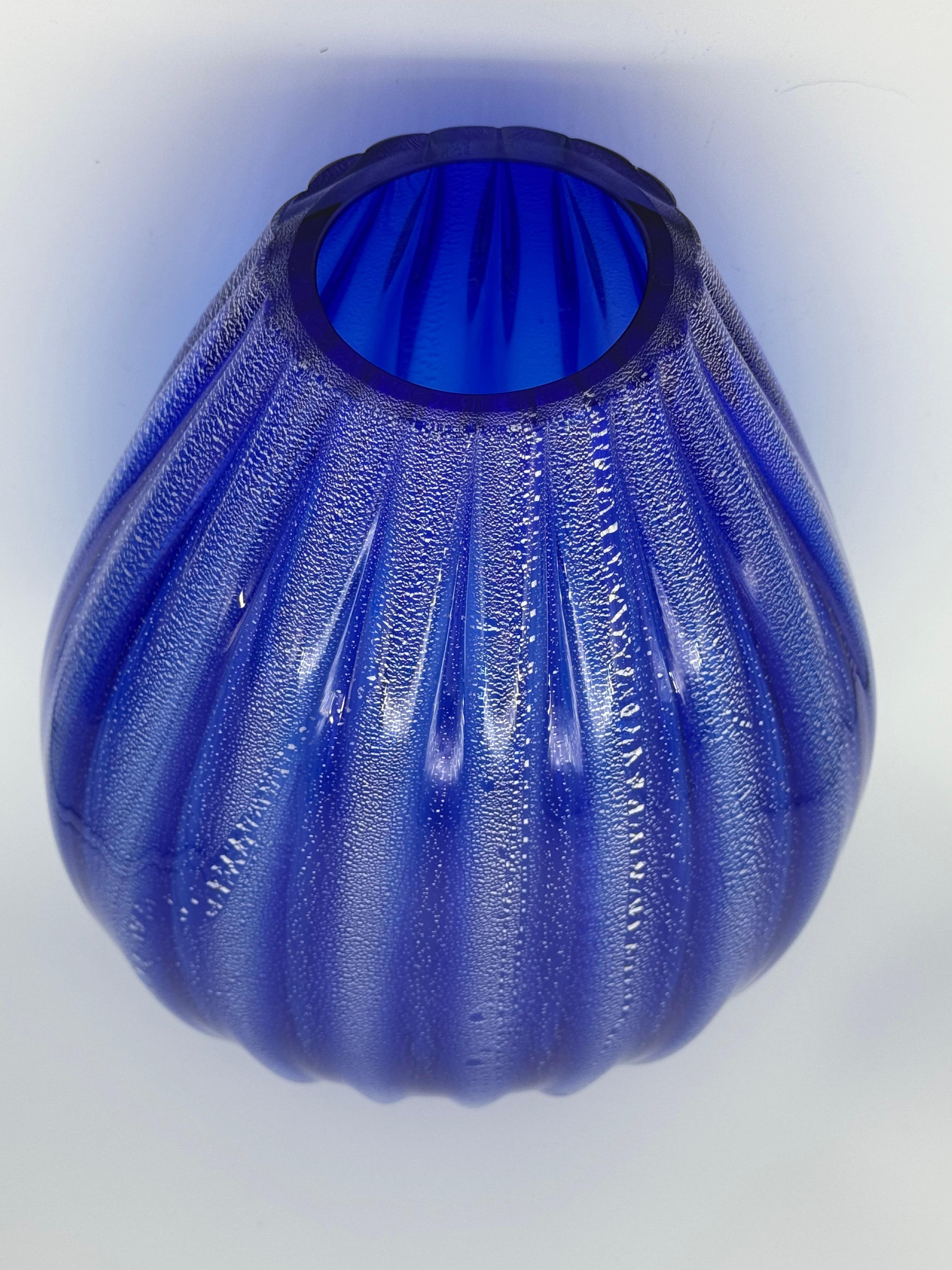 Italian Large Murano Cobalt Blue Ribbed Vase with Silver Leaf Detailing For Sale