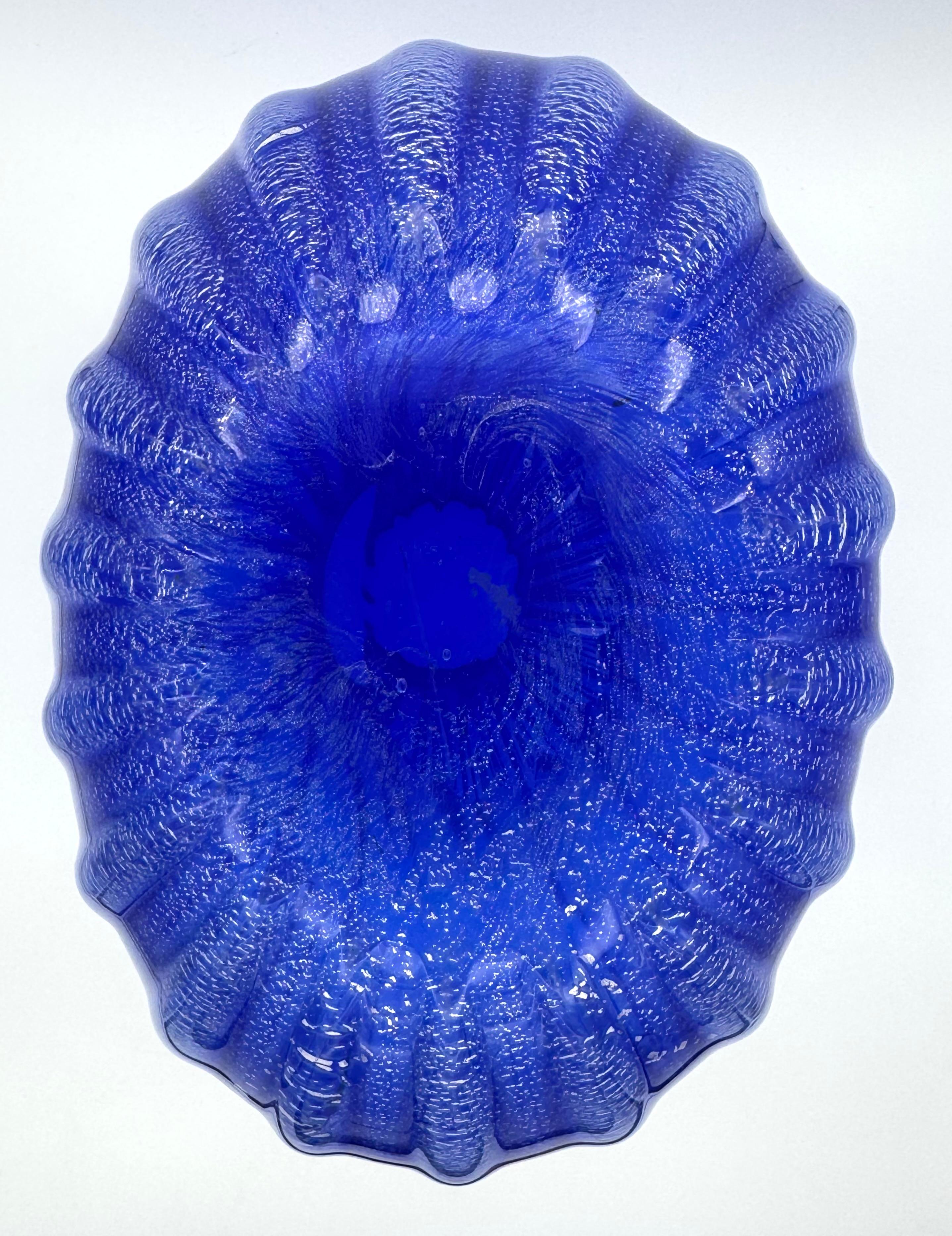 Blown Glass Large Murano Cobalt Blue Ribbed Vase with Silver Leaf Detailing For Sale