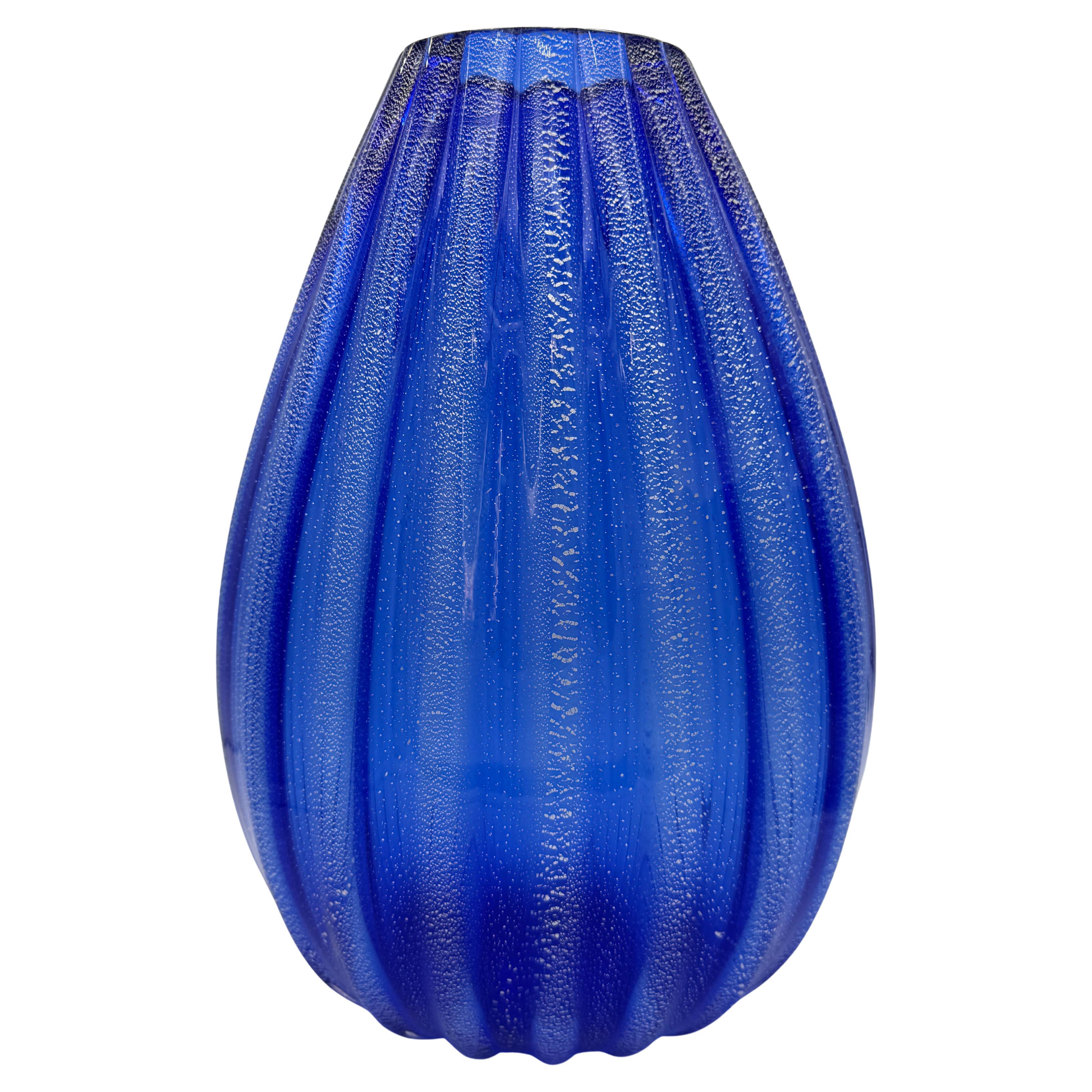 Large Murano Cobalt Blue Ribbed Vase with Silver Leaf Detailing