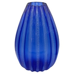 Large Murano Cobalt Blue Ribbed Vase with Silver Leaf Detailing