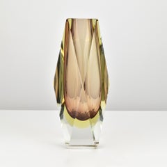 Large Murano Faceted Sommerso Amber, Yellow & Clear Block Vase by Flavio Poli