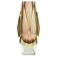 Large Murano Faceted Sommerso Amber, Yellow & Clear Block Vase by Flavio Poli