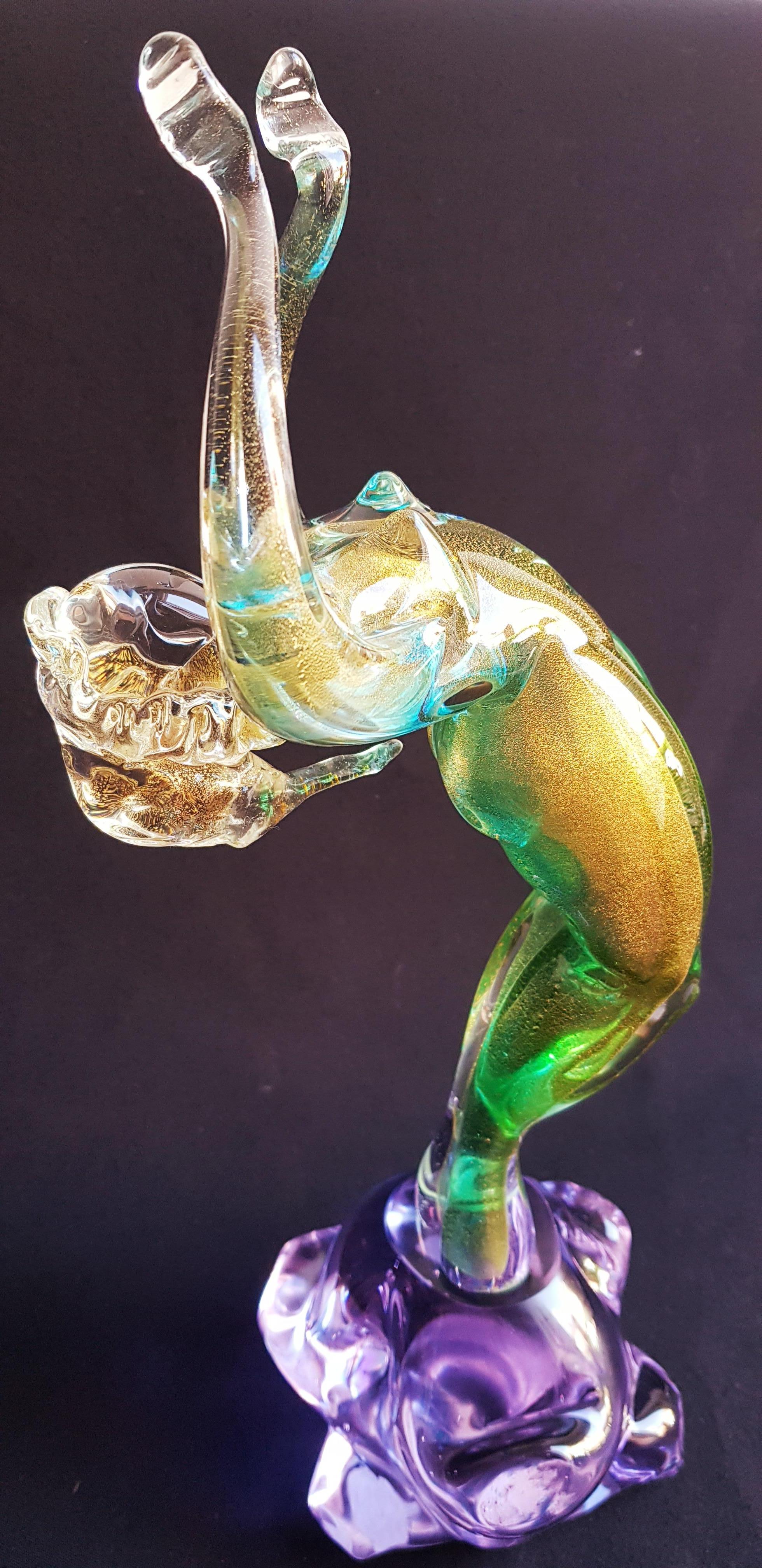 Italian Large Murano Glass Abstract Nude Sculpture with Gold Leaf Signed For Sale