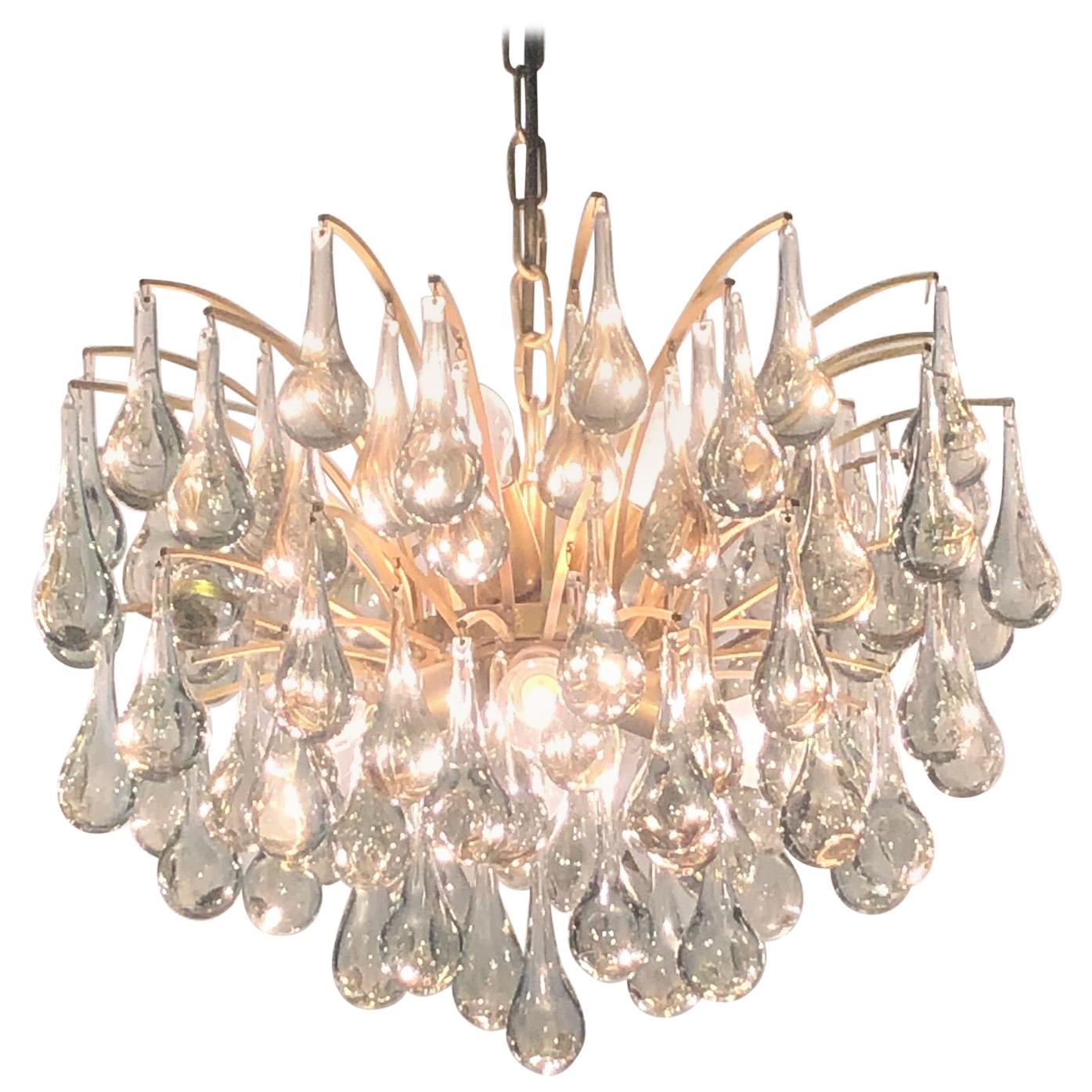 Large Murano Glass and Brass Tear Drop Chandelier by E. Palme, circa 1970s