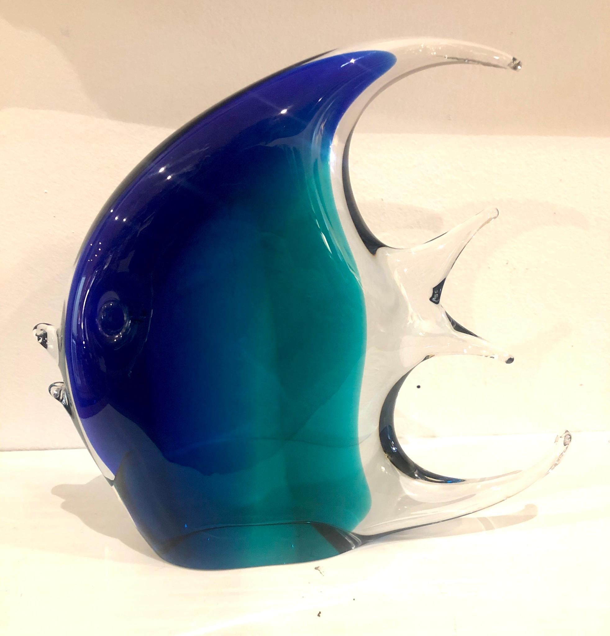 Large Murano glass angel fish by Nason in clear green and blue signed, this beautiful piece its signed has a chip on the top as shown that’s why its significantly reduced price, circa 1960s.