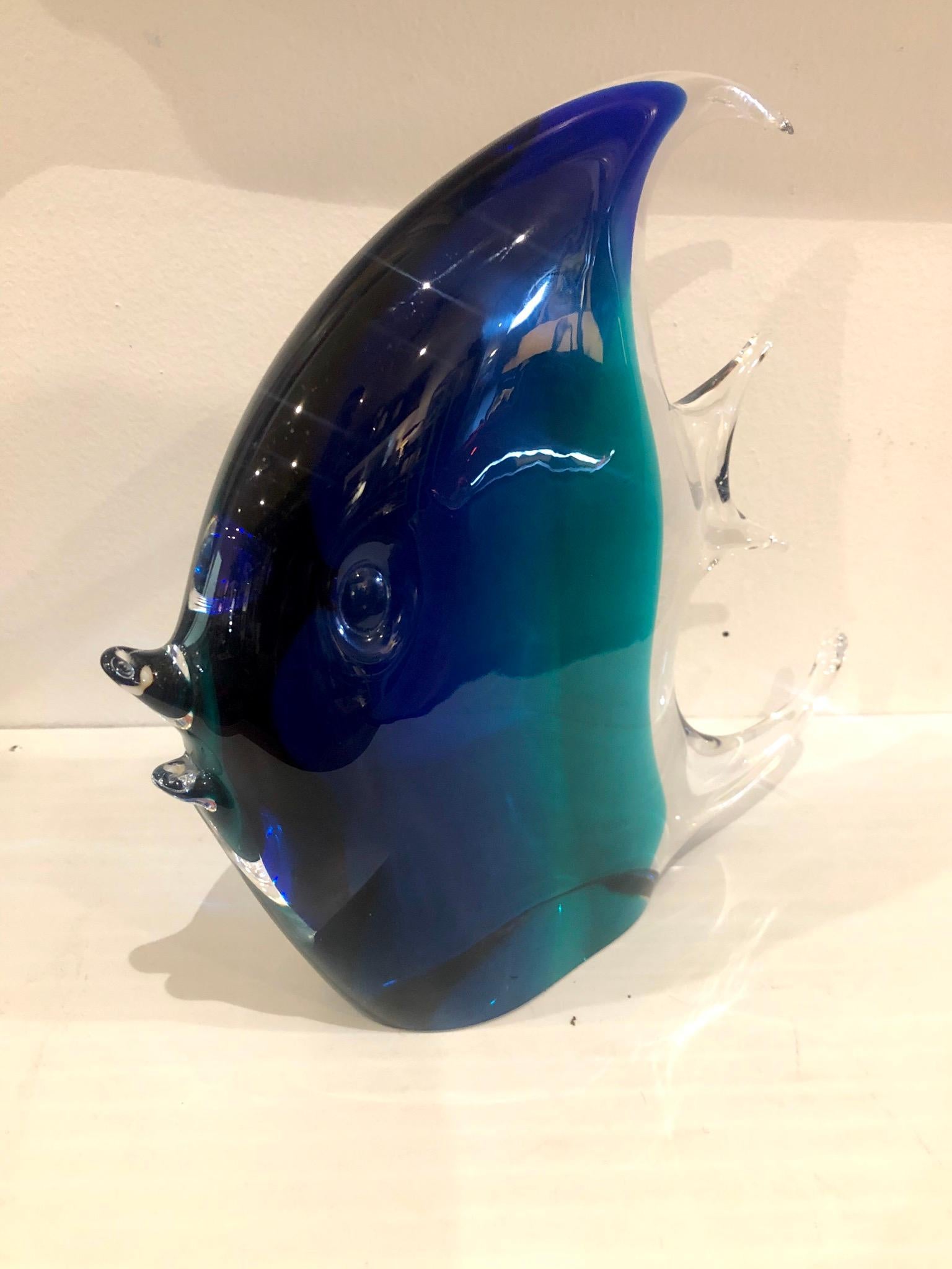 20th Century Large Murano Glass Angel Fish Sculpture by Nason in Clear Green and Blue Signed