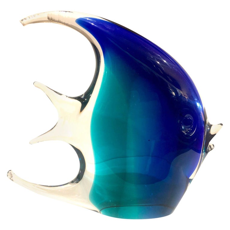 Large Murano Glass Angel Fish Sculpture by Nason in Clear Green and