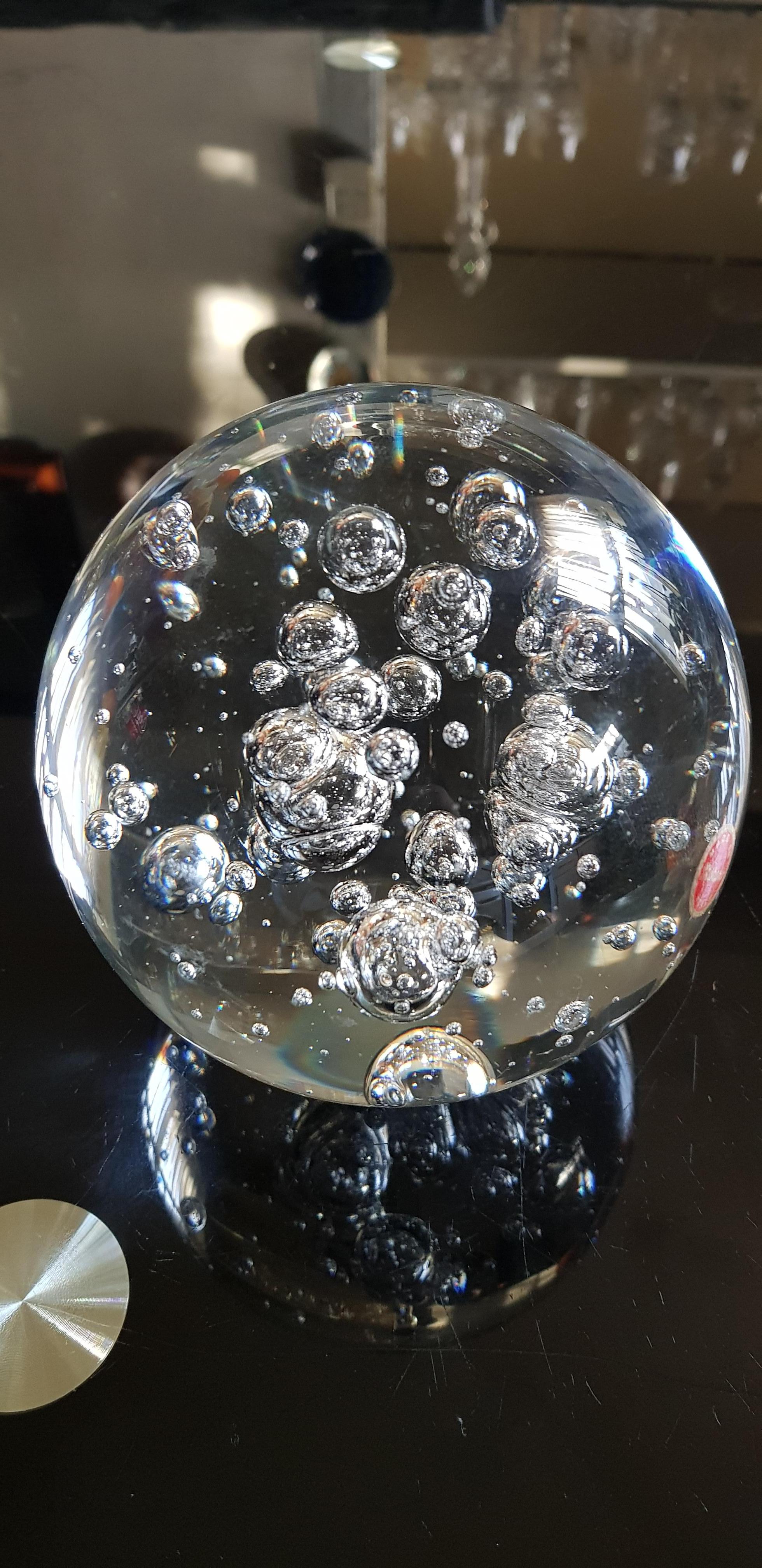 Beautiful large murano glass clear ball paperweight with controlled bubbles, original sticker brilliant condition.