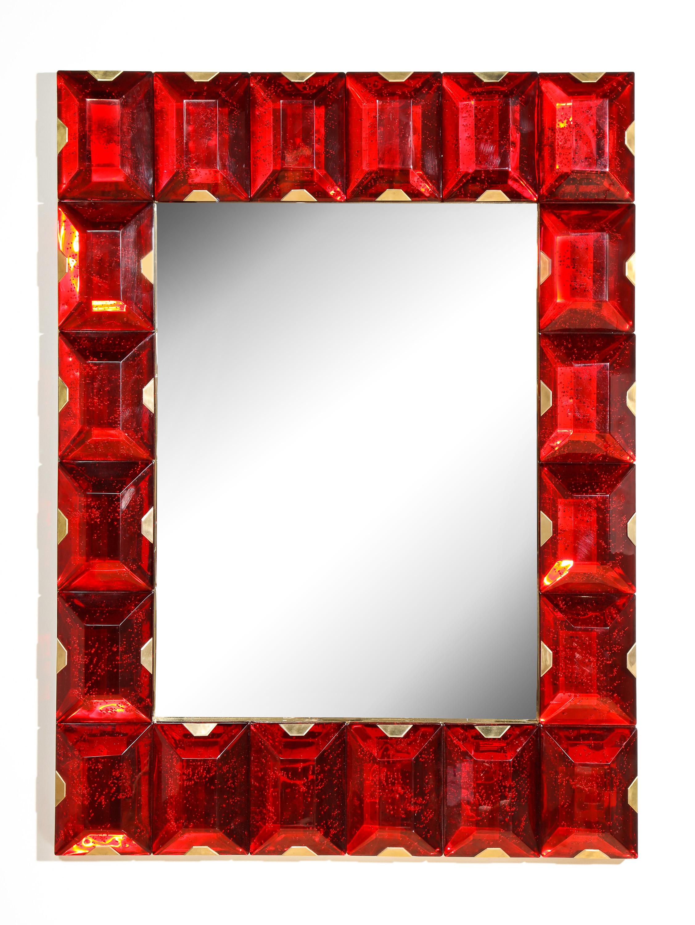 Large contemporary Murano mirror with solid cast red glass tiles and brass hardware.