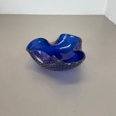 Large Murano Glass Bullicante blue silver Bubble Bowl Element Shell, Italy, 1970