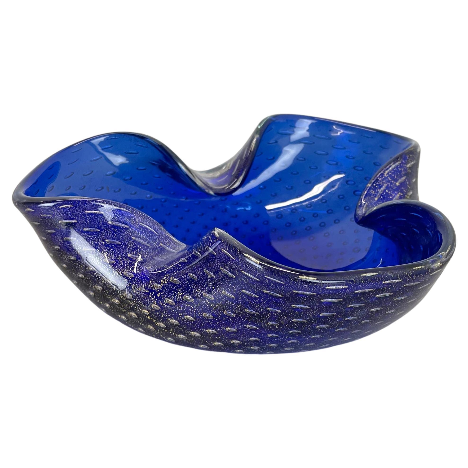 Large Murano Glass Bullicante blue silver Bubble Bowl Element Shell, Italy, 1970