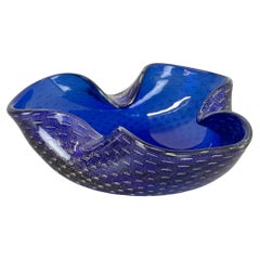 Large Murano Glass Bullicante blue silver Bubble Bowl Element Shell, Italy, 1970