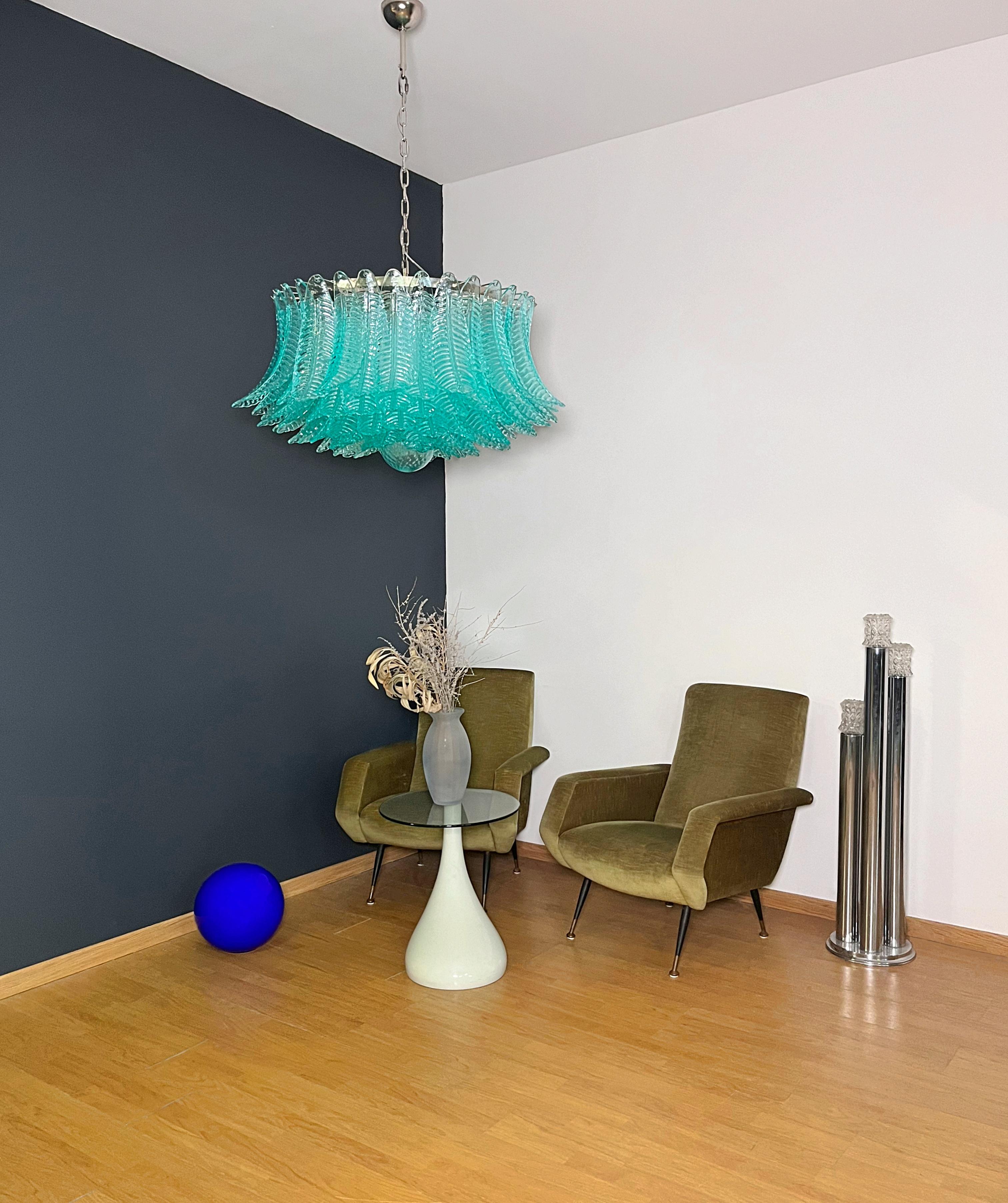 Italian vintage chandelier in Murano glass and nickel plated metal structure. The armor polished nickel supports 100 large turquoise glass leaves felci plus a glass sphere used as a pink finish. Can be used as a chandelier with chain, or as a