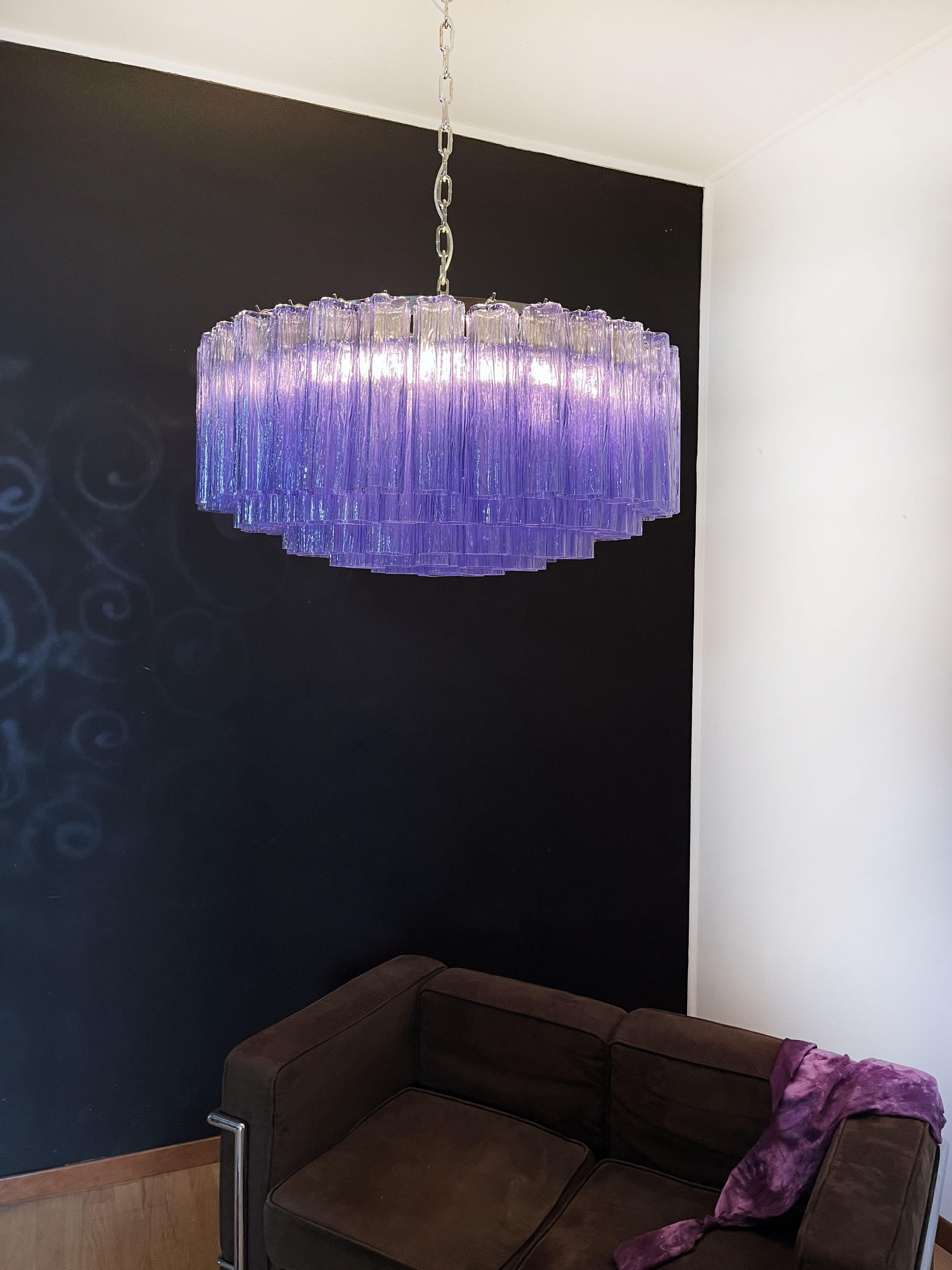 Blown Glass Large Murano Glass Chandelier, 101 Amethyst Tube Glasses For Sale