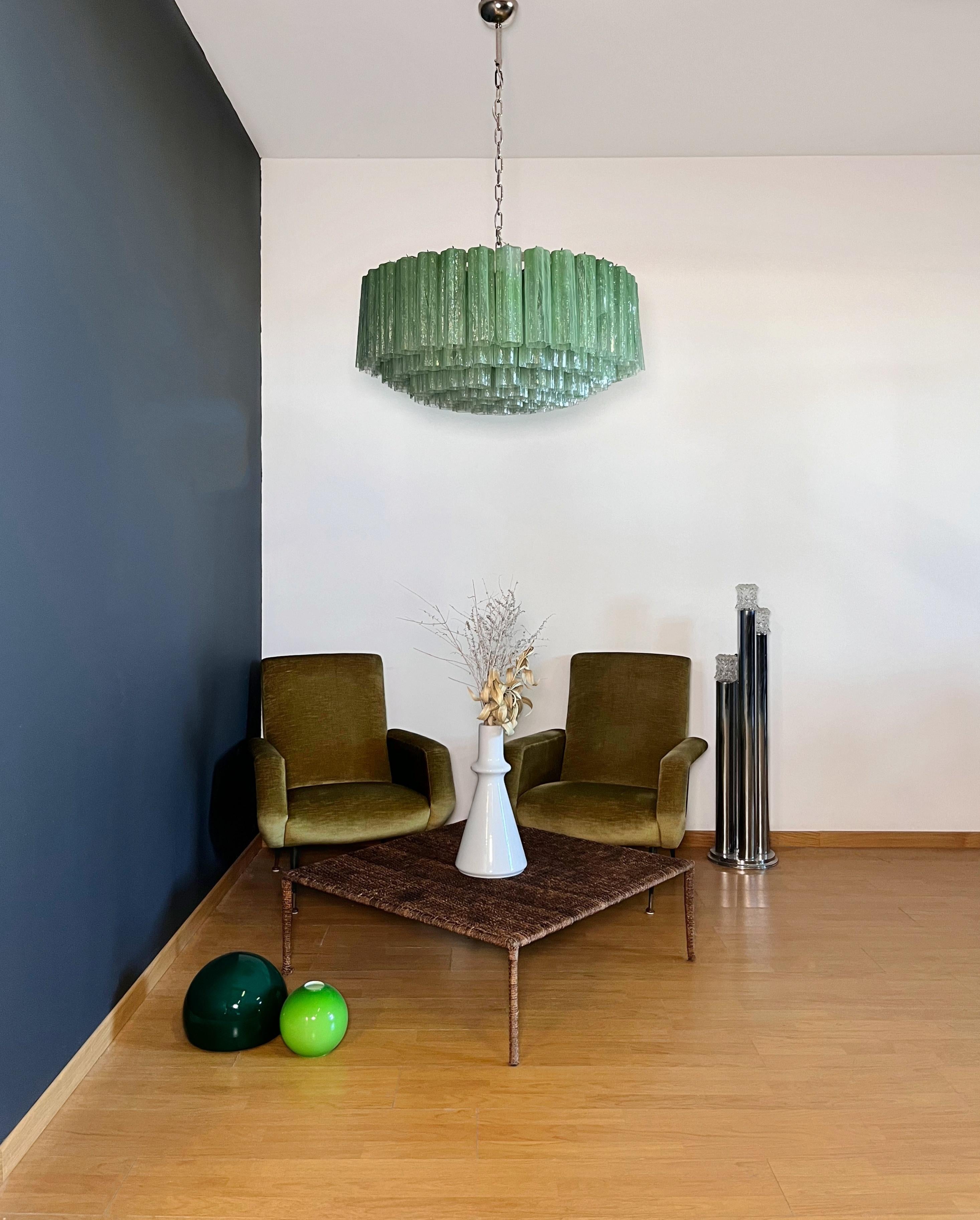 Italian vintage chandelier in Murano glass and nickel plated metal structure. The armor polished nickel supports 101 large green alabaster glass tubes in a star shape. Can be used as a chandelier with chain, or as a ceiling light, the structure will