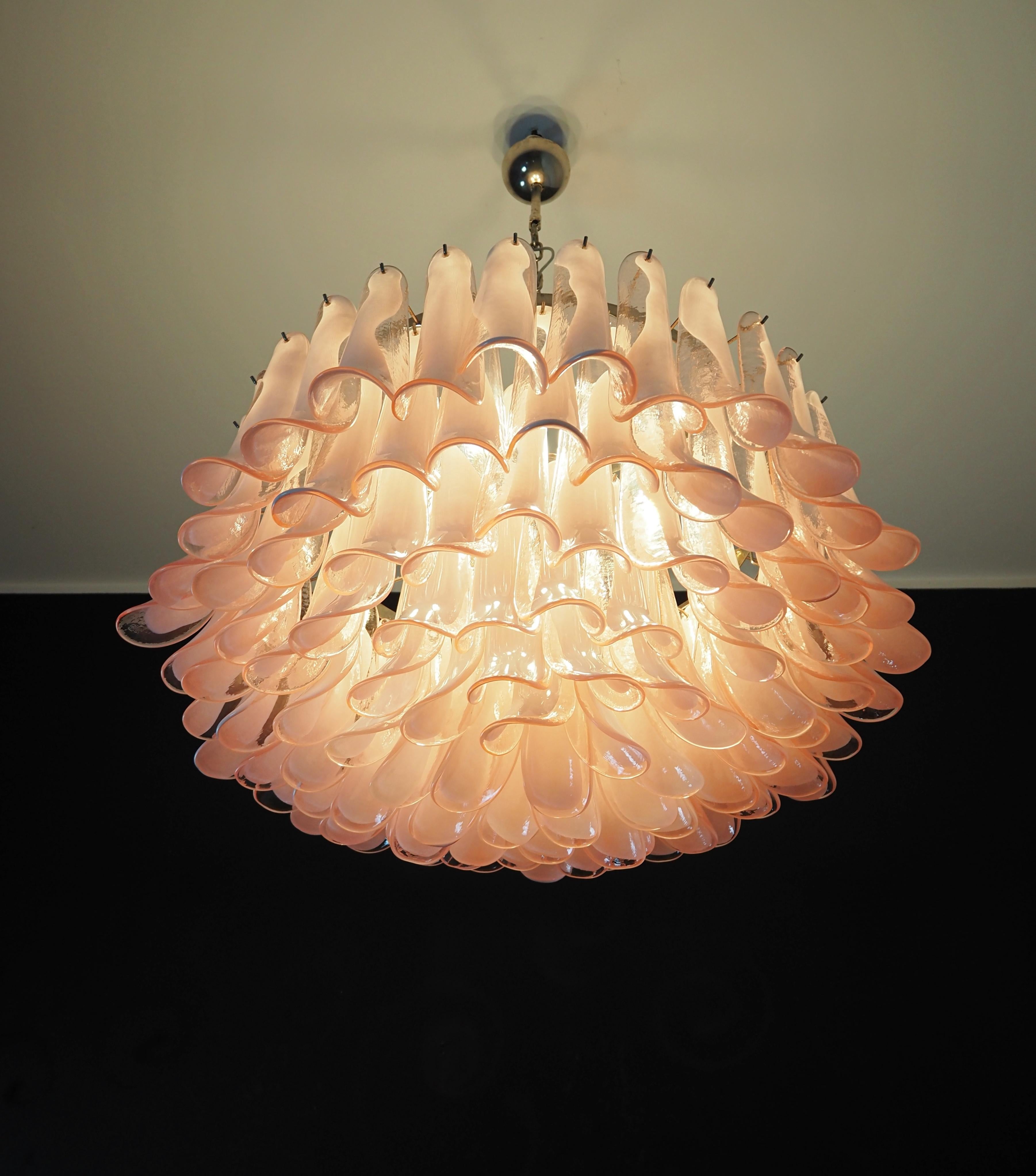 20th Century Large Murano glass Chandelier -101 pink lattimo glass petal For Sale