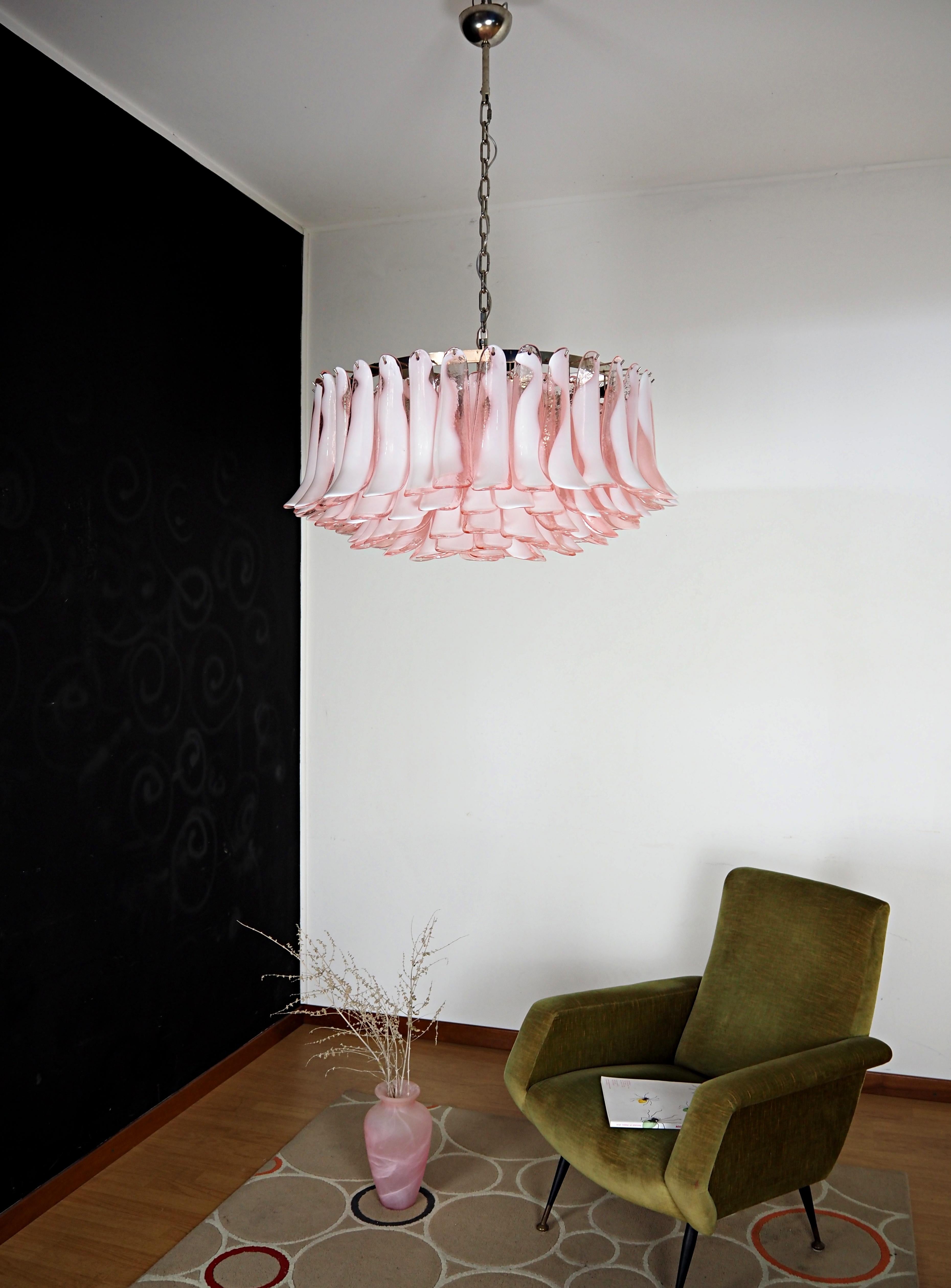 Large Murano glass Chandelier -101 pink lattimo glass petal For Sale 4