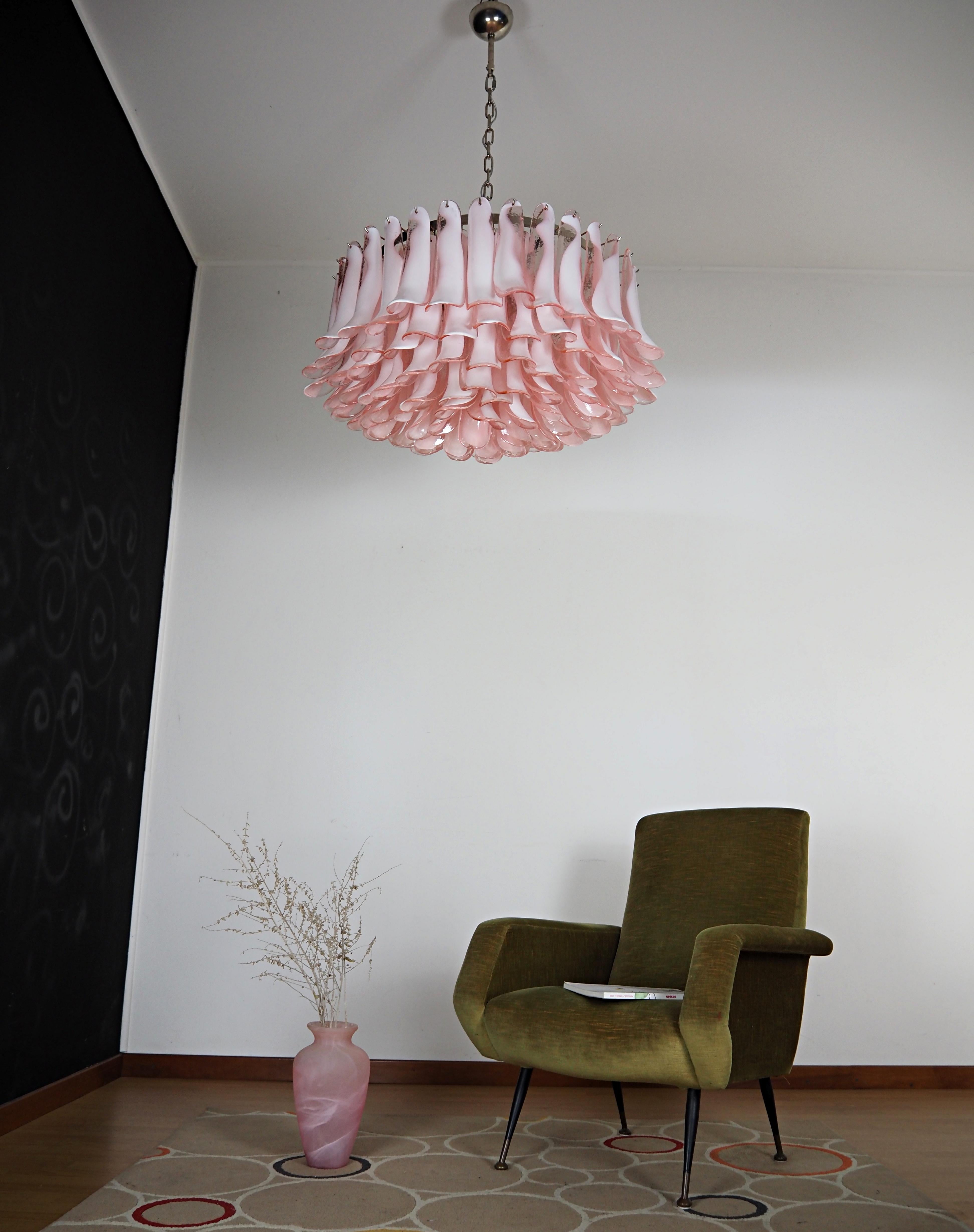 Large Murano glass Chandelier -101 pink lattimo glass petal For Sale 5