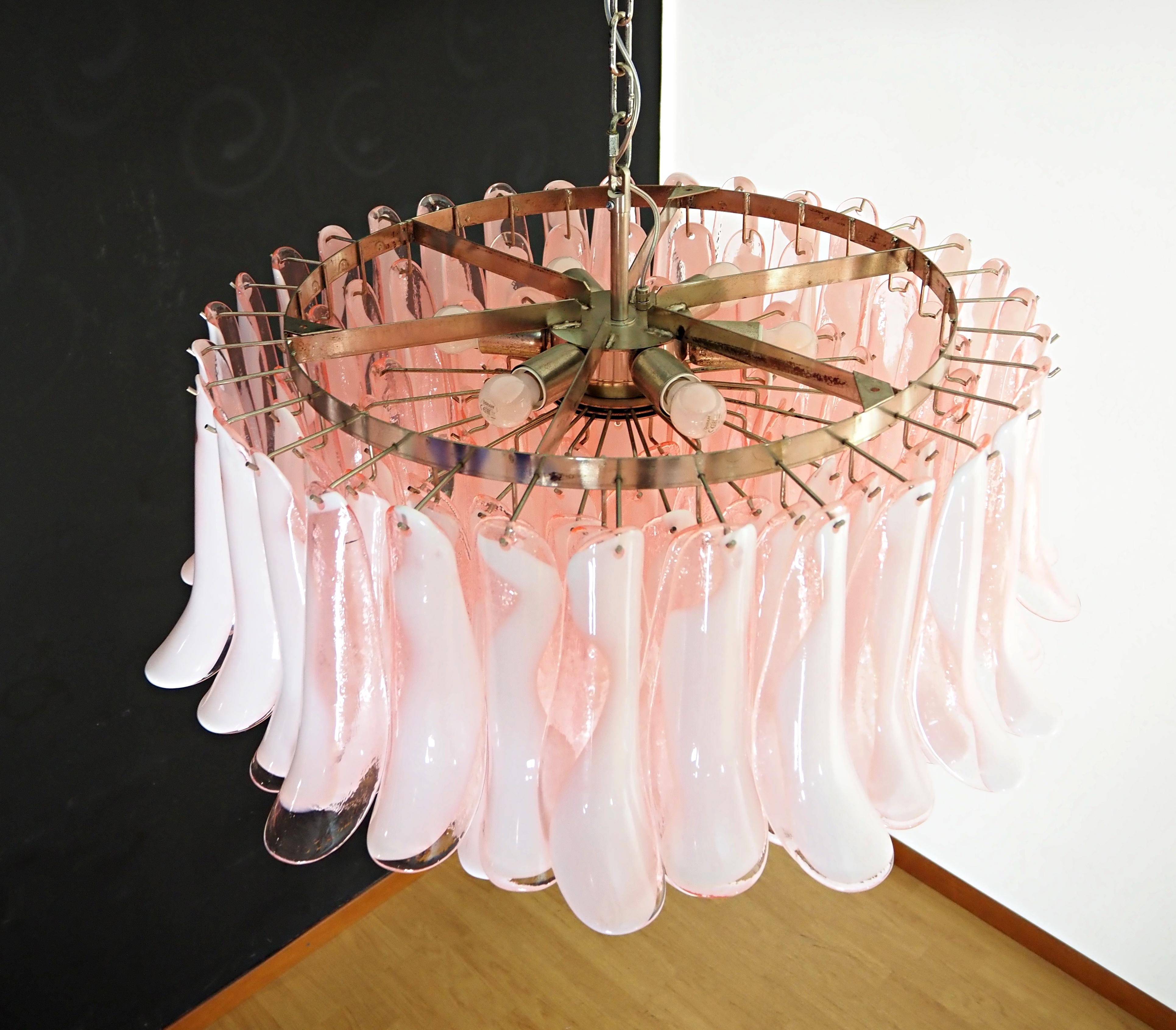 Italian Large Murano glass Chandelier -101 pink lattimo glass petal For Sale
