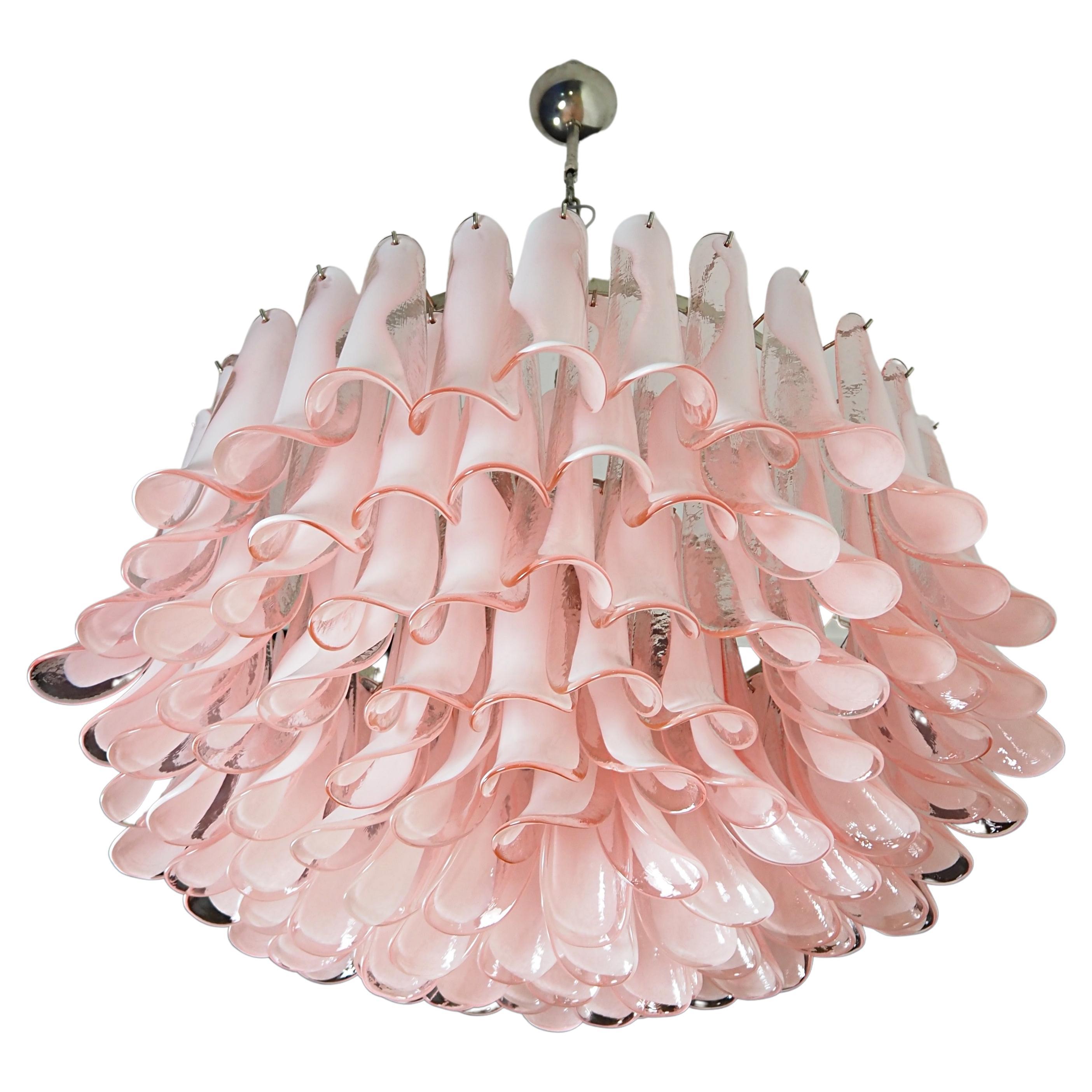 Large Murano glass Chandelier -101 pink lattimo glass petal For Sale