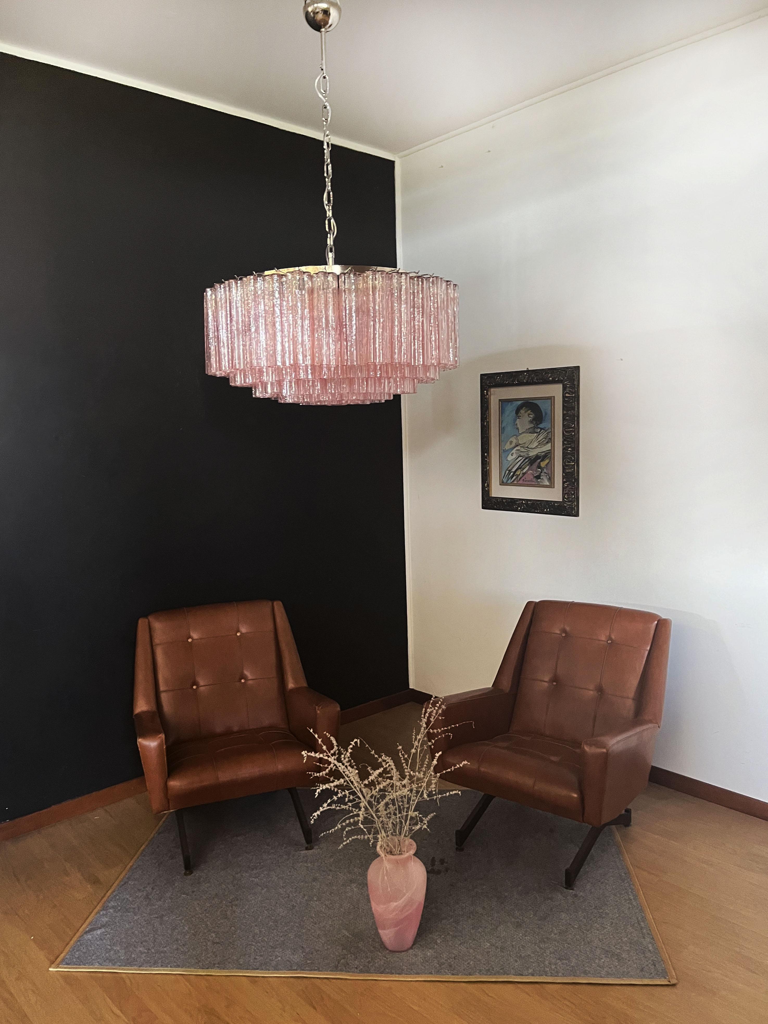 Mid-Century Modern Large Murano Glass Chandelier, 101 Pink Tube Glasses For Sale