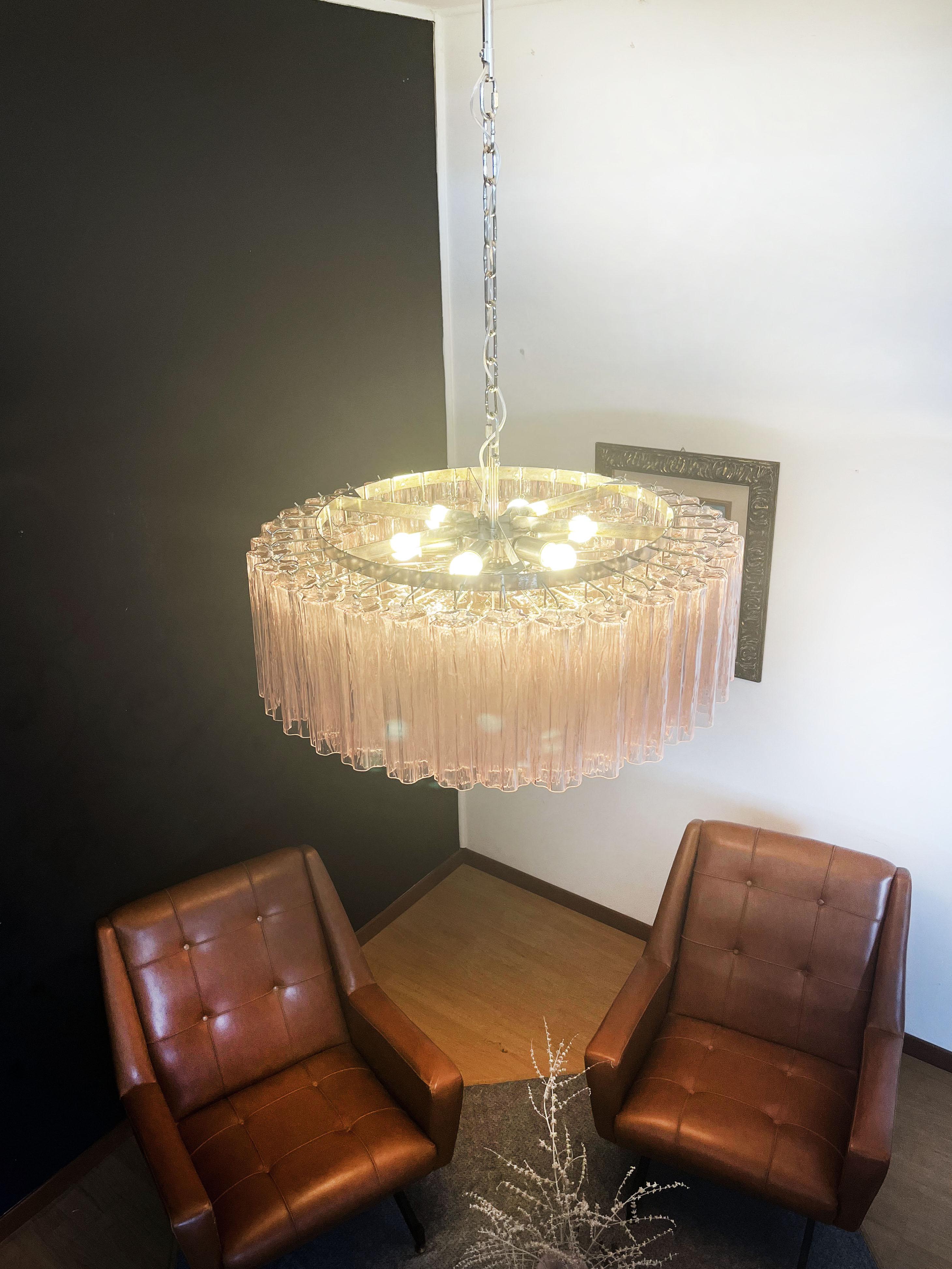 Galvanized Large Murano Glass Chandelier, 101 Pink Tube Glasses For Sale