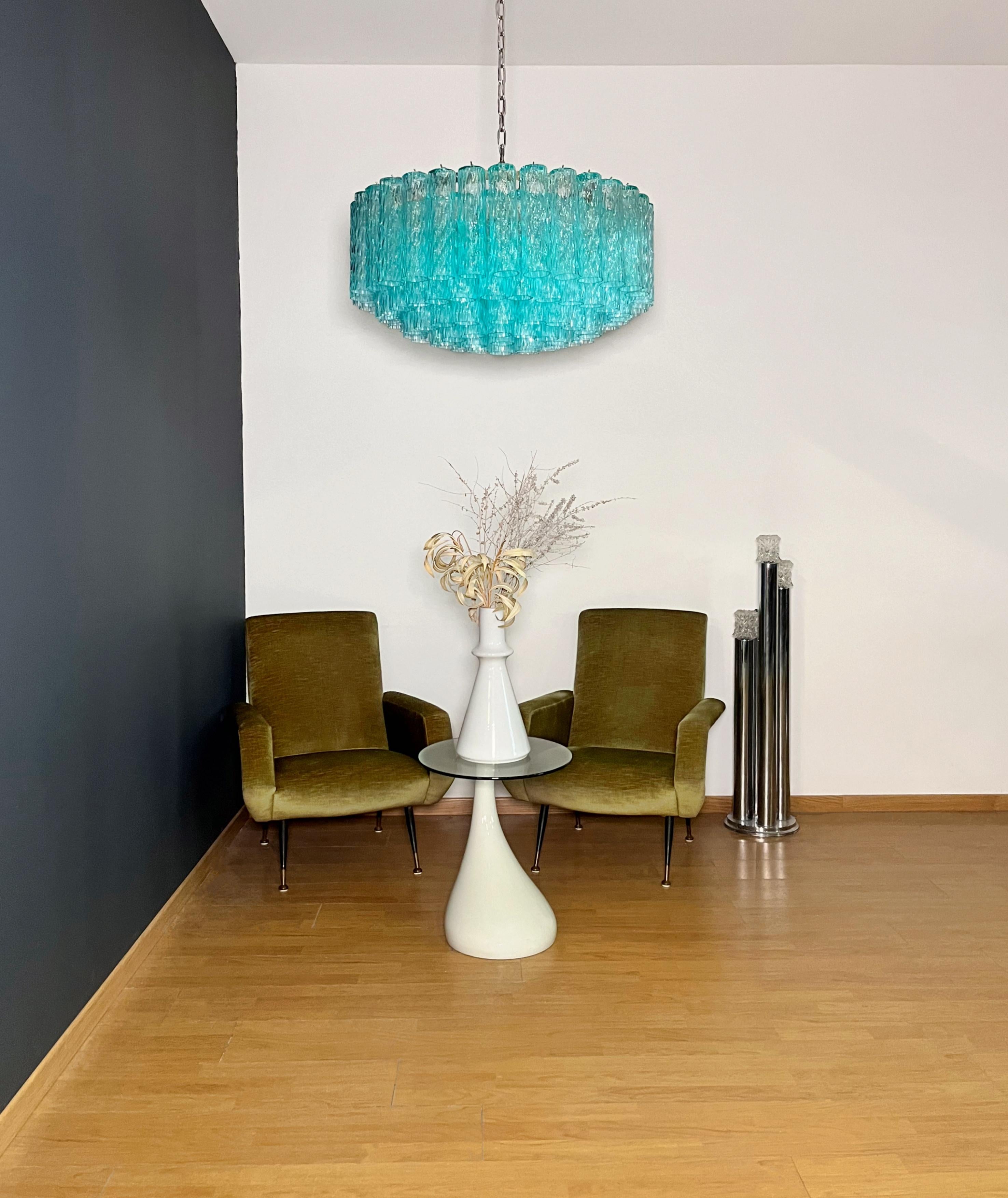 Italian vintage chandelier in Murano glass and nickel plated metal structure. The armor polished nickel supports 101 large turquoise glass tubes which have a slightly textured effect to create an impressive 