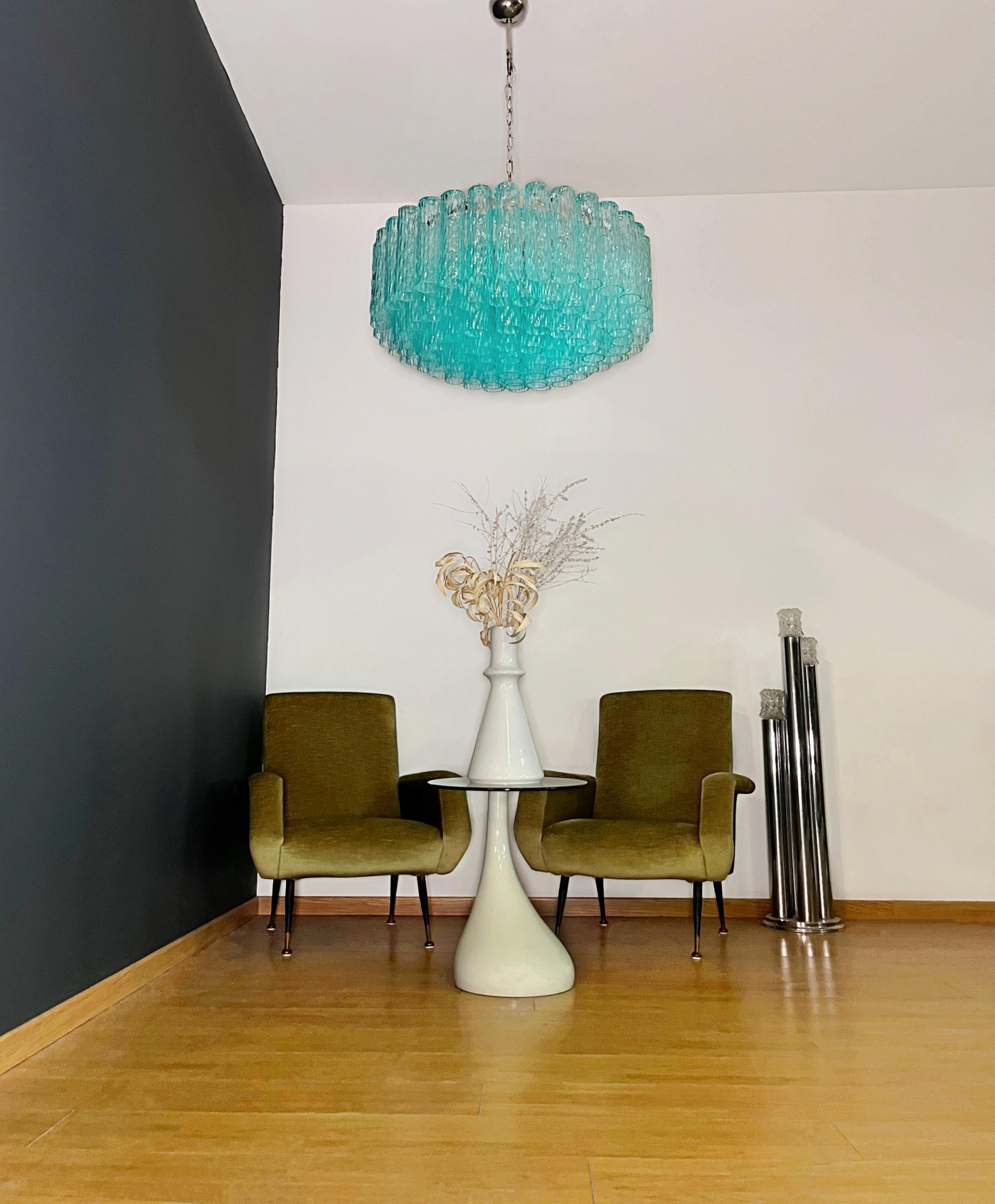 Mid-Century Modern Large Murano glass Chandelier - 101 turquoise tube glasses For Sale
