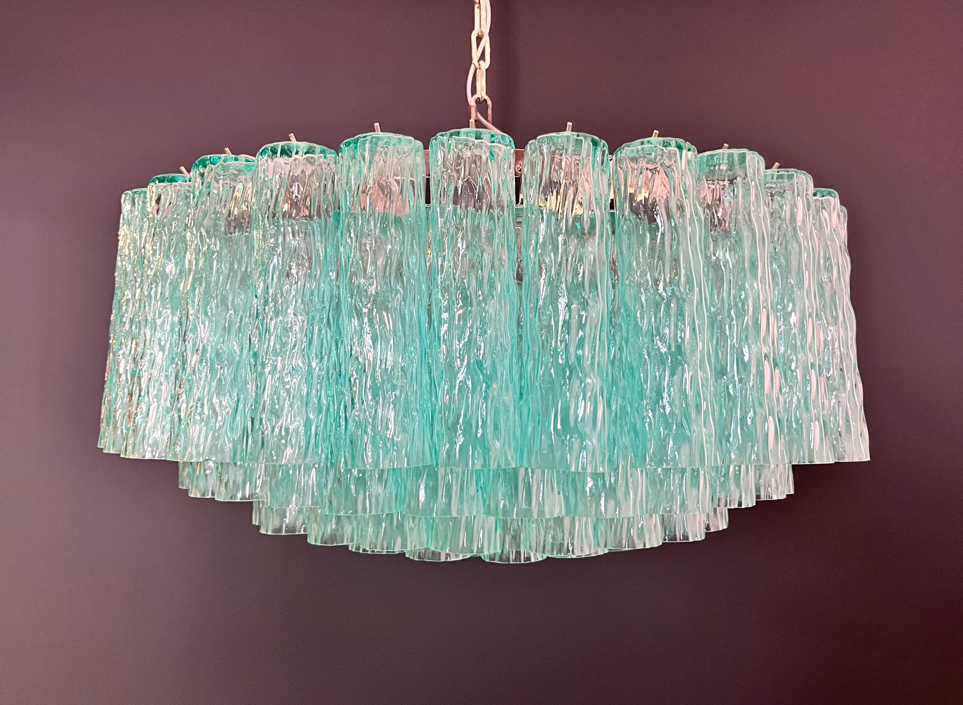 Italian Large Murano glass Chandelier - 101 turquoise tube glasses For Sale