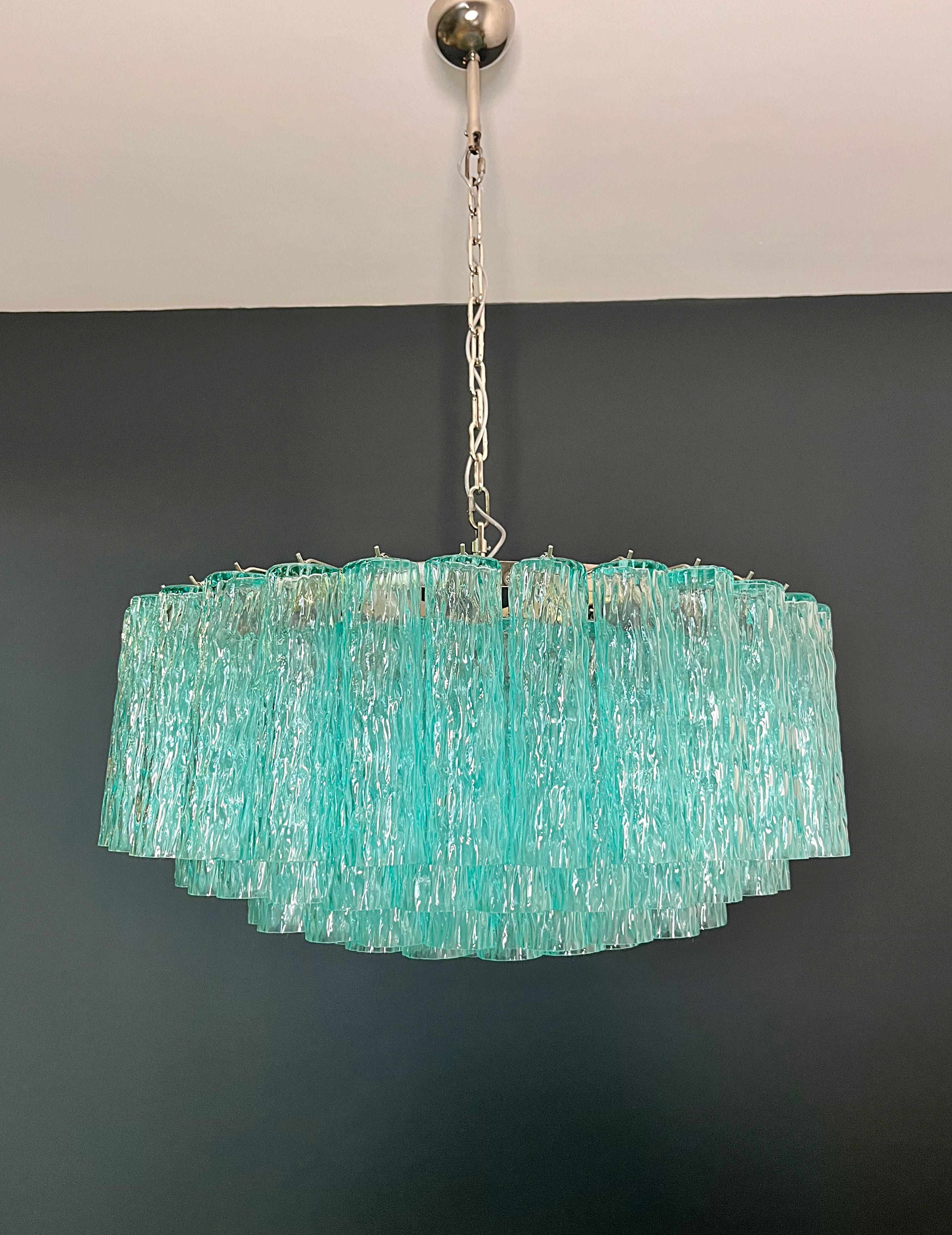 Galvanized Large Murano glass Chandelier - 101 turquoise tube glasses For Sale