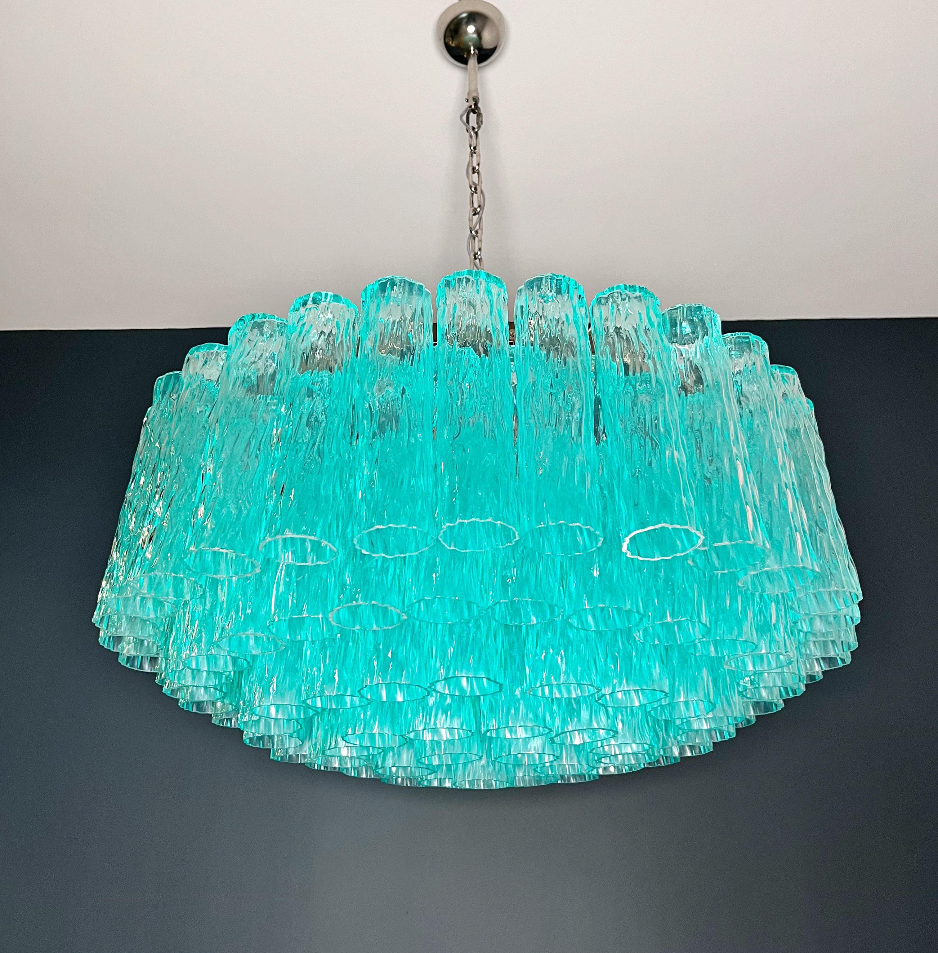Large Murano glass Chandelier - 101 turquoise tube glasses In Good Condition For Sale In Gaiarine Frazione Francenigo (TV), IT