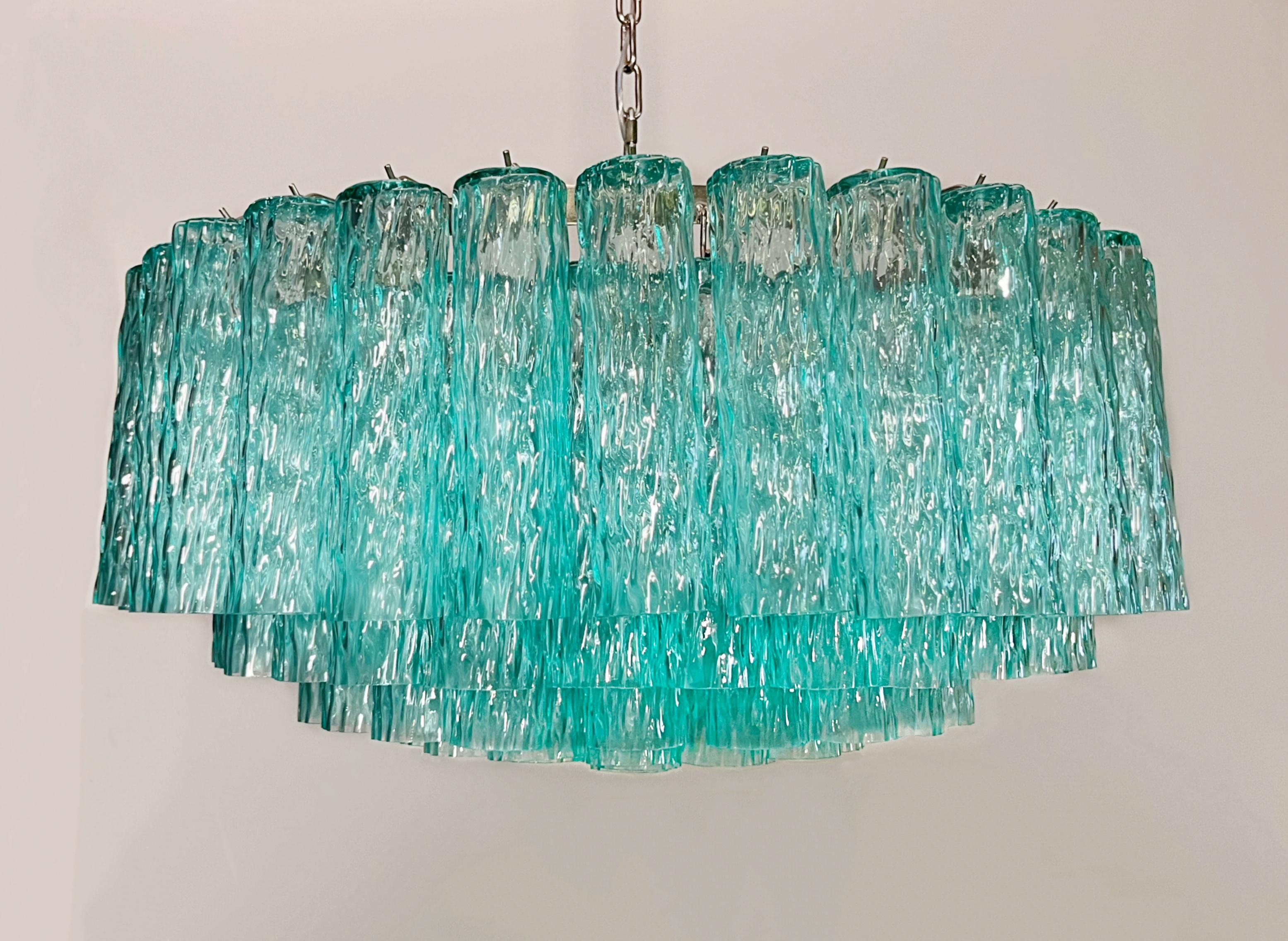 20th Century Large Murano glass Chandelier - 101 turquoise tube glasses For Sale
