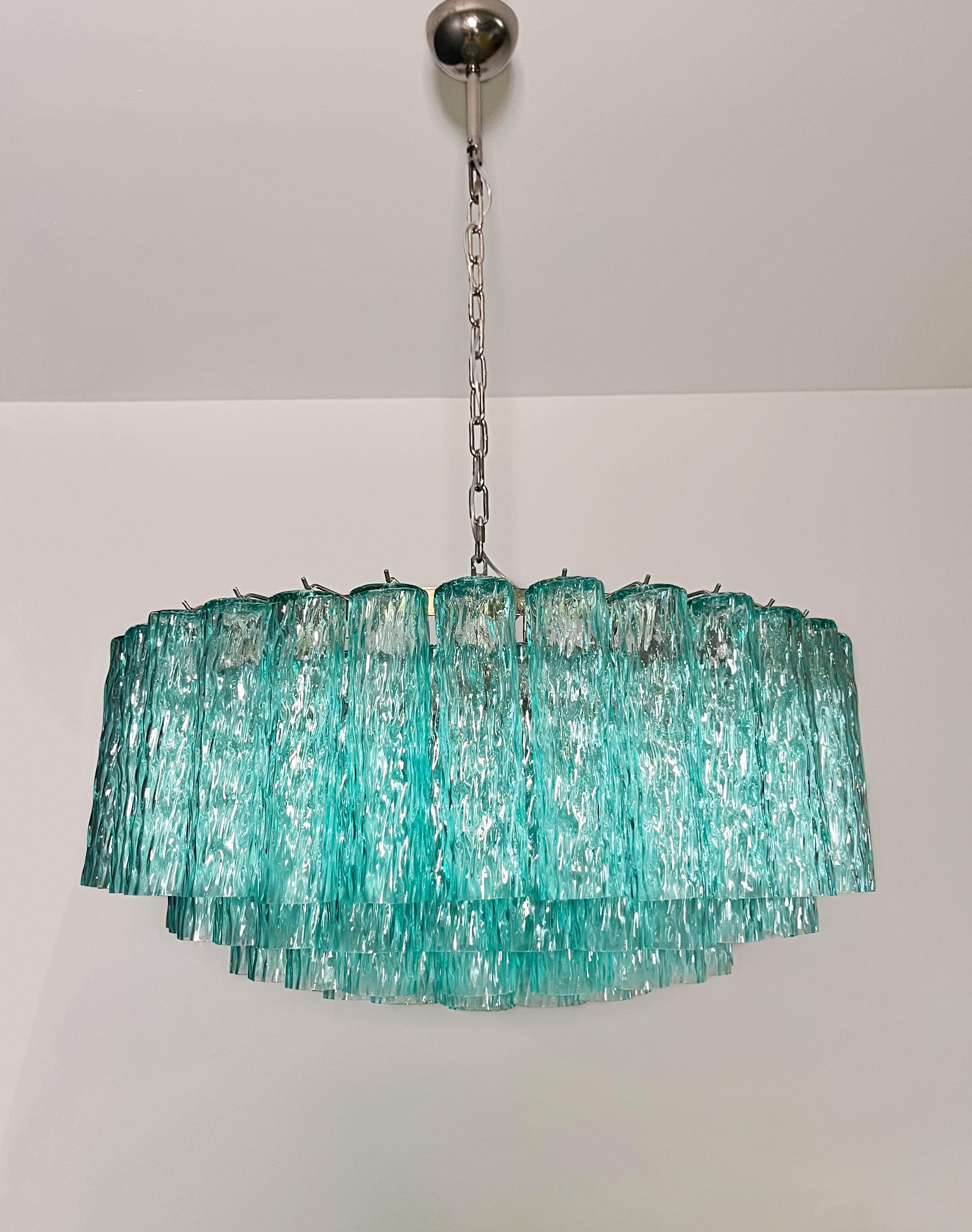 Blown Glass Large Murano glass Chandelier - 101 turquoise tube glasses For Sale