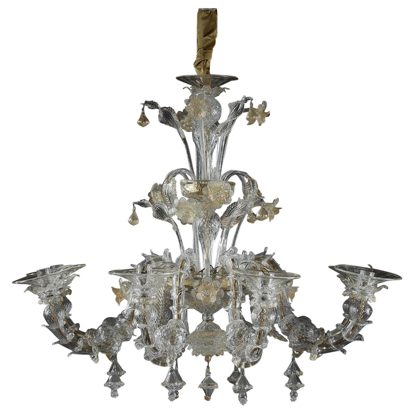 Grand lustre en verre de Murano décoré d'or