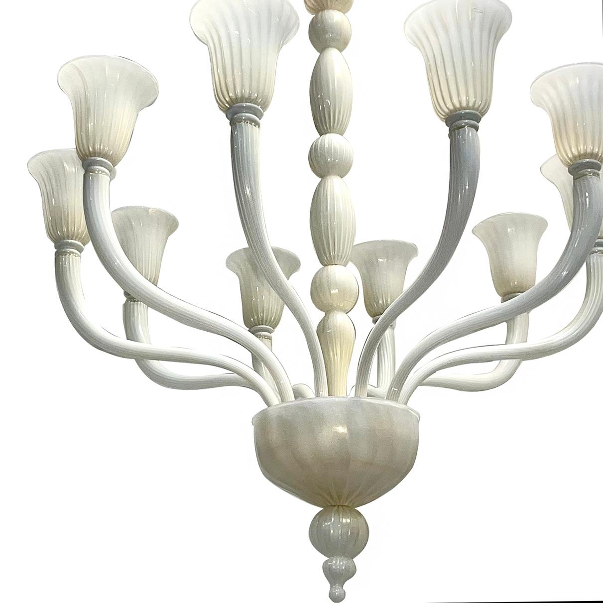 A large circa 1950's Italian Murano glass chandelier with 10 lights.

Measurements:
Diameter: 38